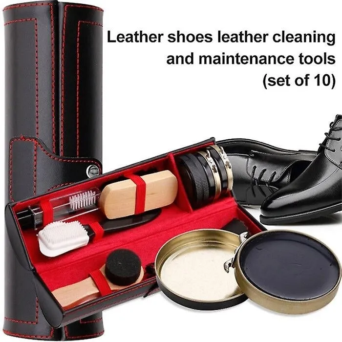 10pcs Shoe Shine Care Set Portable Shoes Polish Cleaning Kit With Leather Cylinder Box