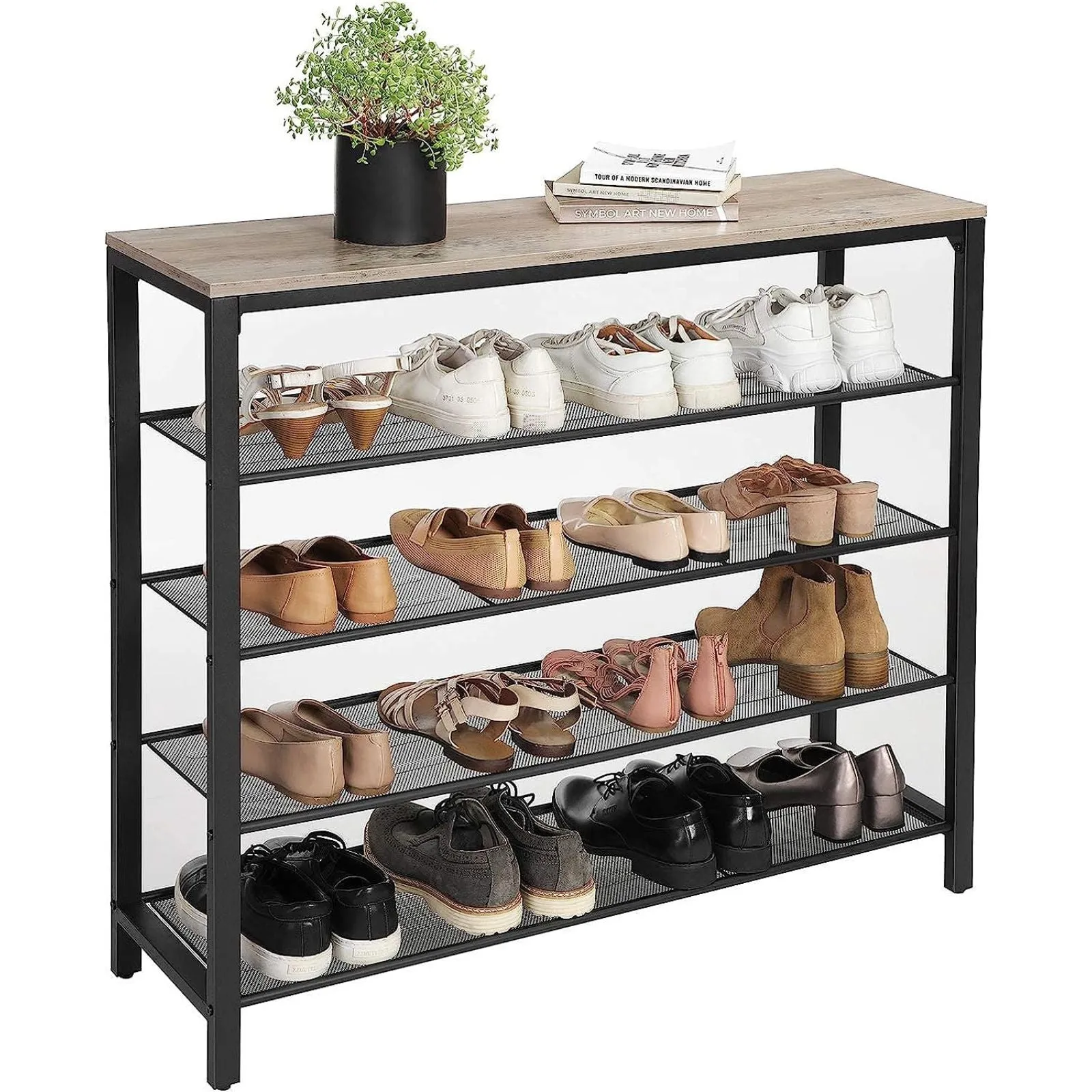 4 Shelf Shoe Rack with Adjustable Feet, Rustic Greige/Black - VASAGLE