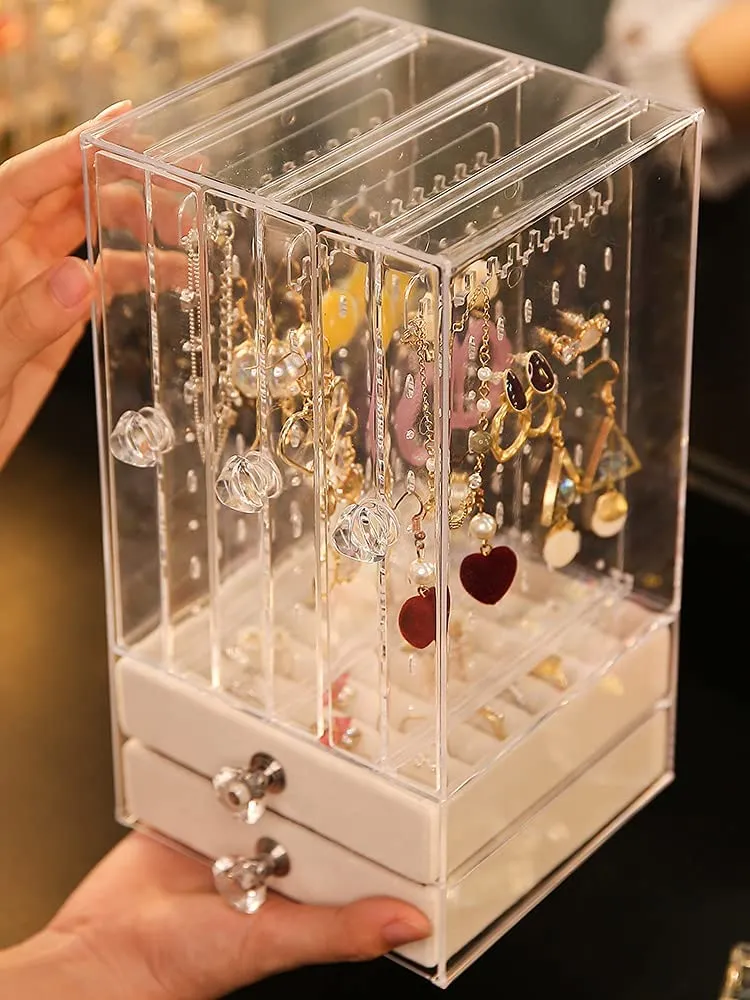 Acrylic Earring Holder and Jewelry Organizer 3 Slots 2 Drawers