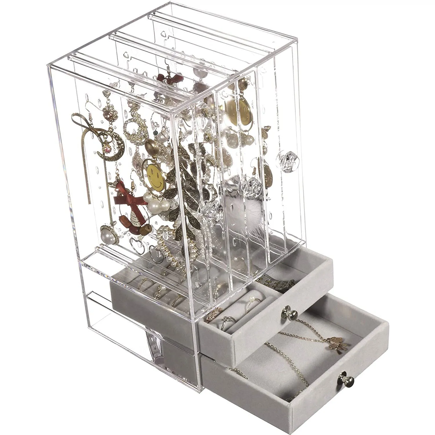 Acrylic Earring Holder and Jewelry Organizer 3 Slots 2 Drawers