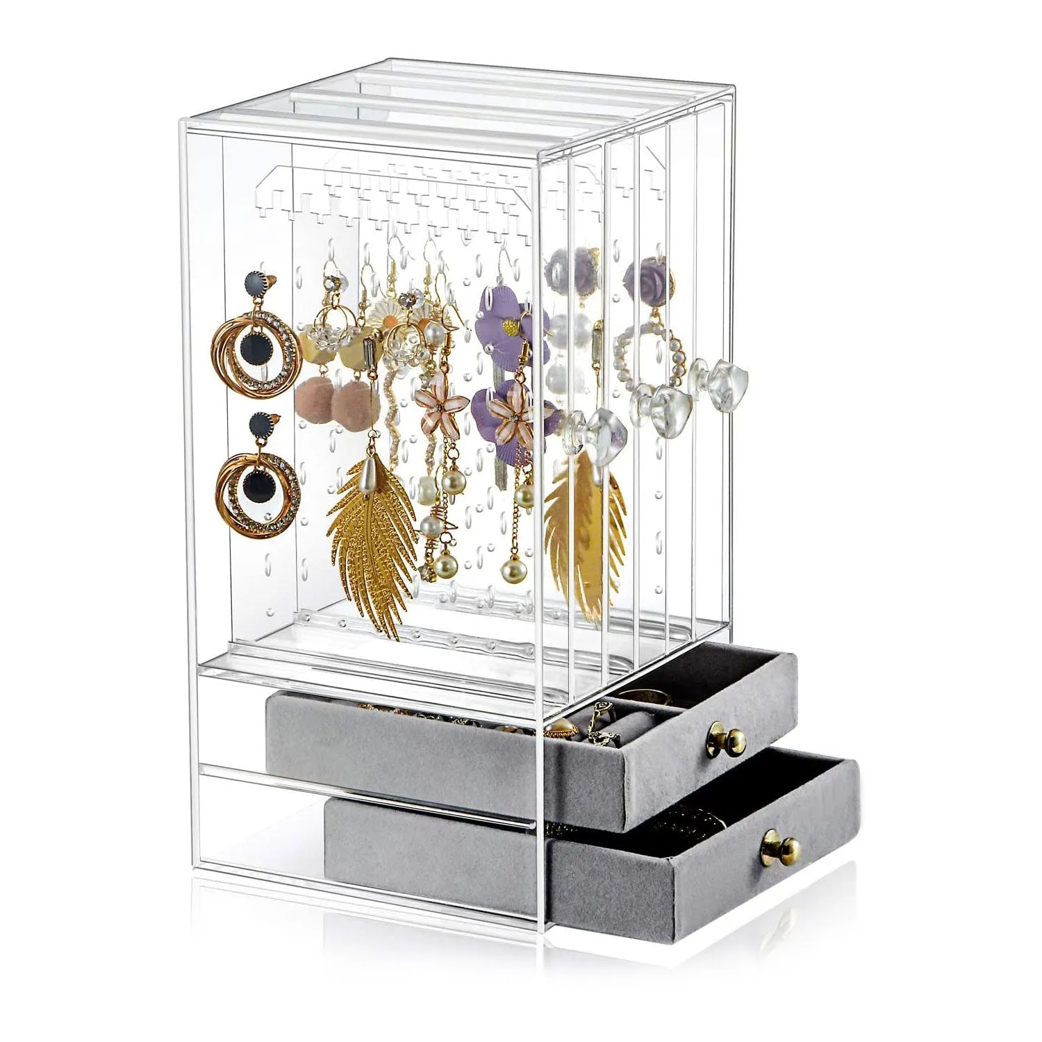 Acrylic Earring Holder and Jewelry Organizer 3 Slots 2 Drawers