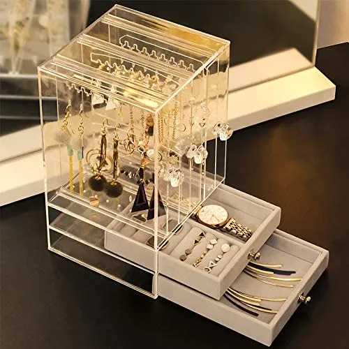 Acrylic Earring Holder and Jewelry Organizer 3 Slots 2 Drawers