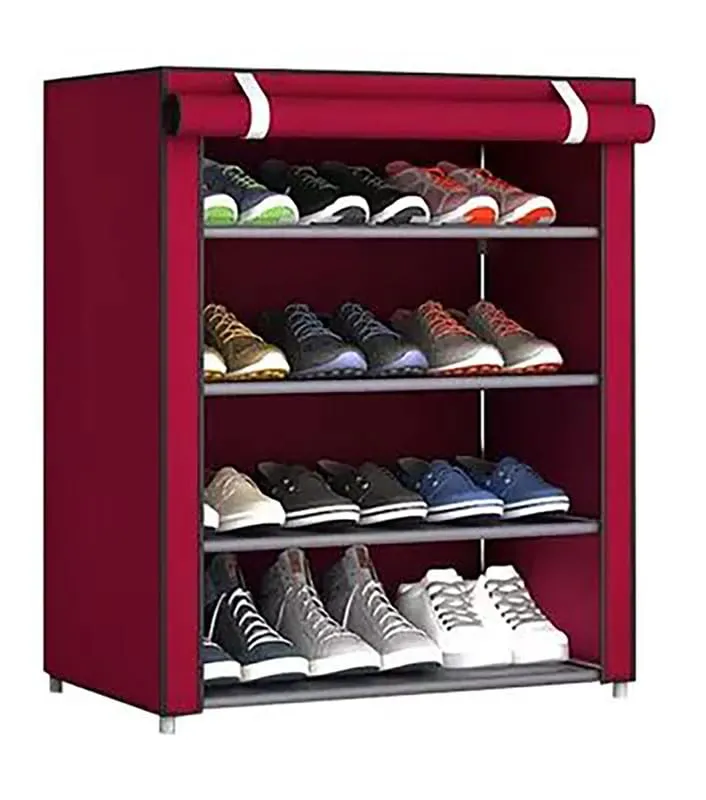 B.Traders Plastic Pipe Non Woven Fabric Multipurpose Storage 4 Layer Shoe Rack/Stand with Dustproof Cover & Wardrobe For Home - (Maroon)