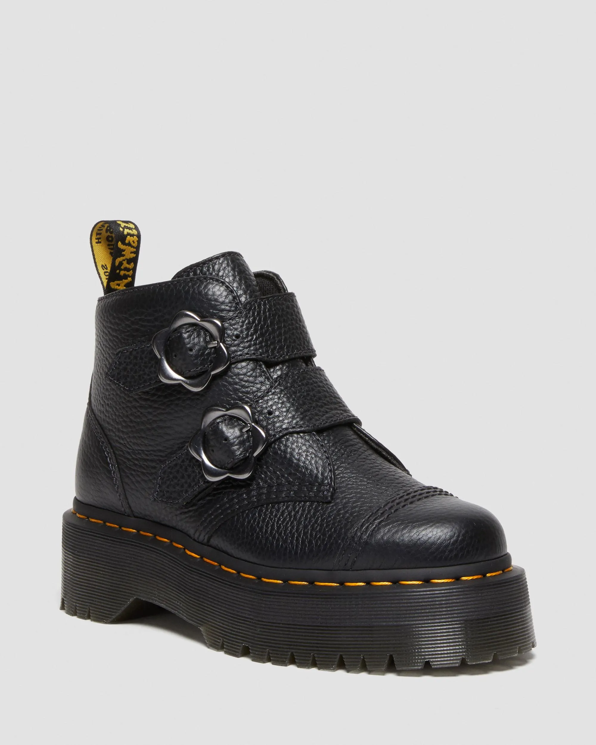 Devon Dr. Leather platform boots with floral buckle. Martens