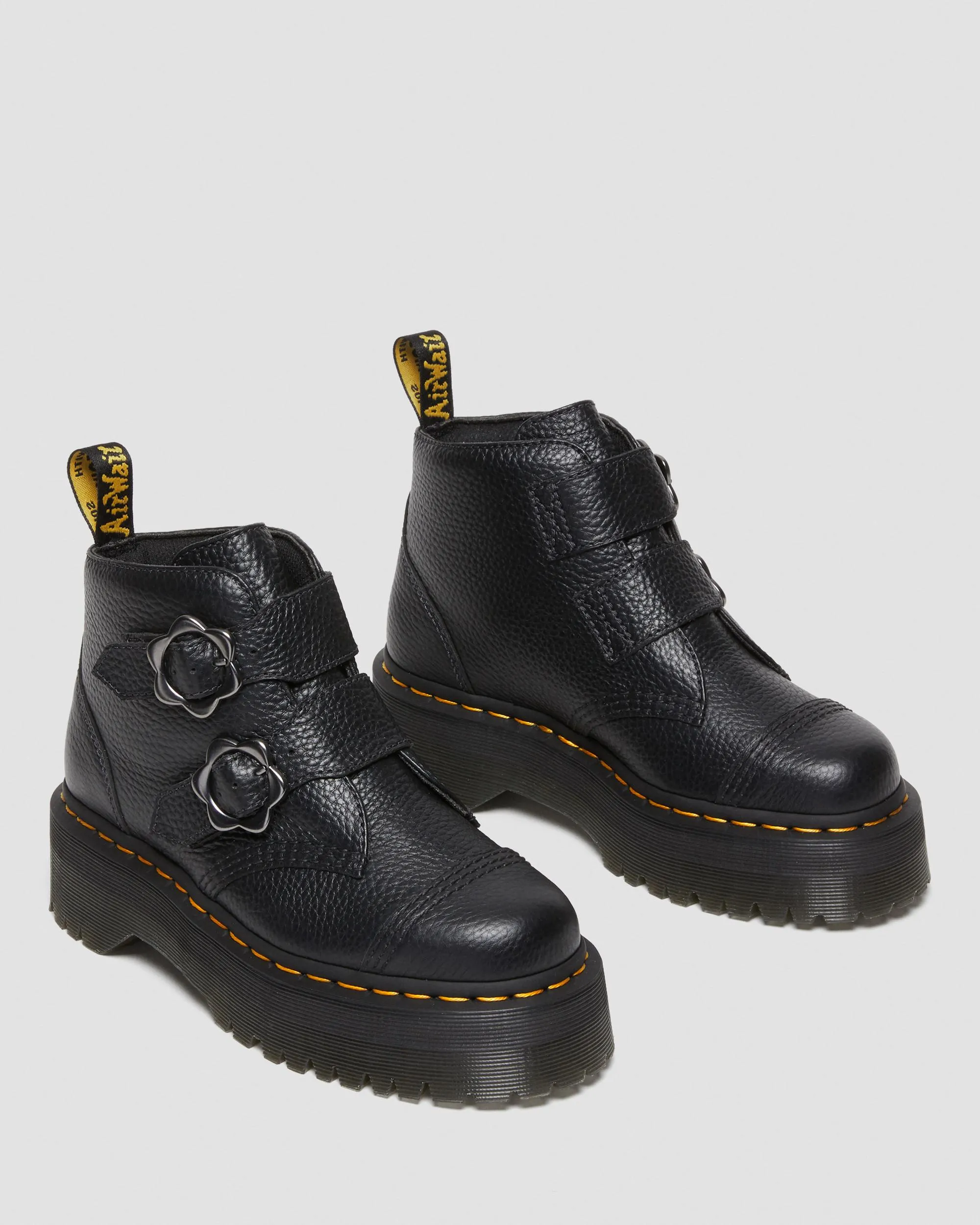 Devon Dr. Leather platform boots with floral buckle. Martens