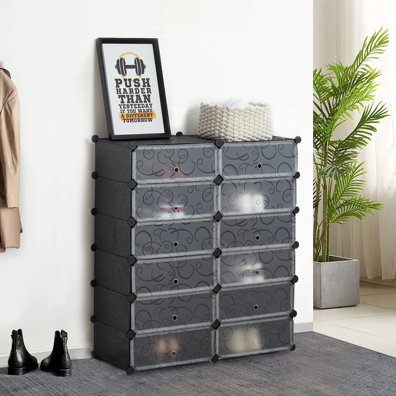 DIY Multi-functional PP Shoe Rack, 12 Cubes, Black / White Color