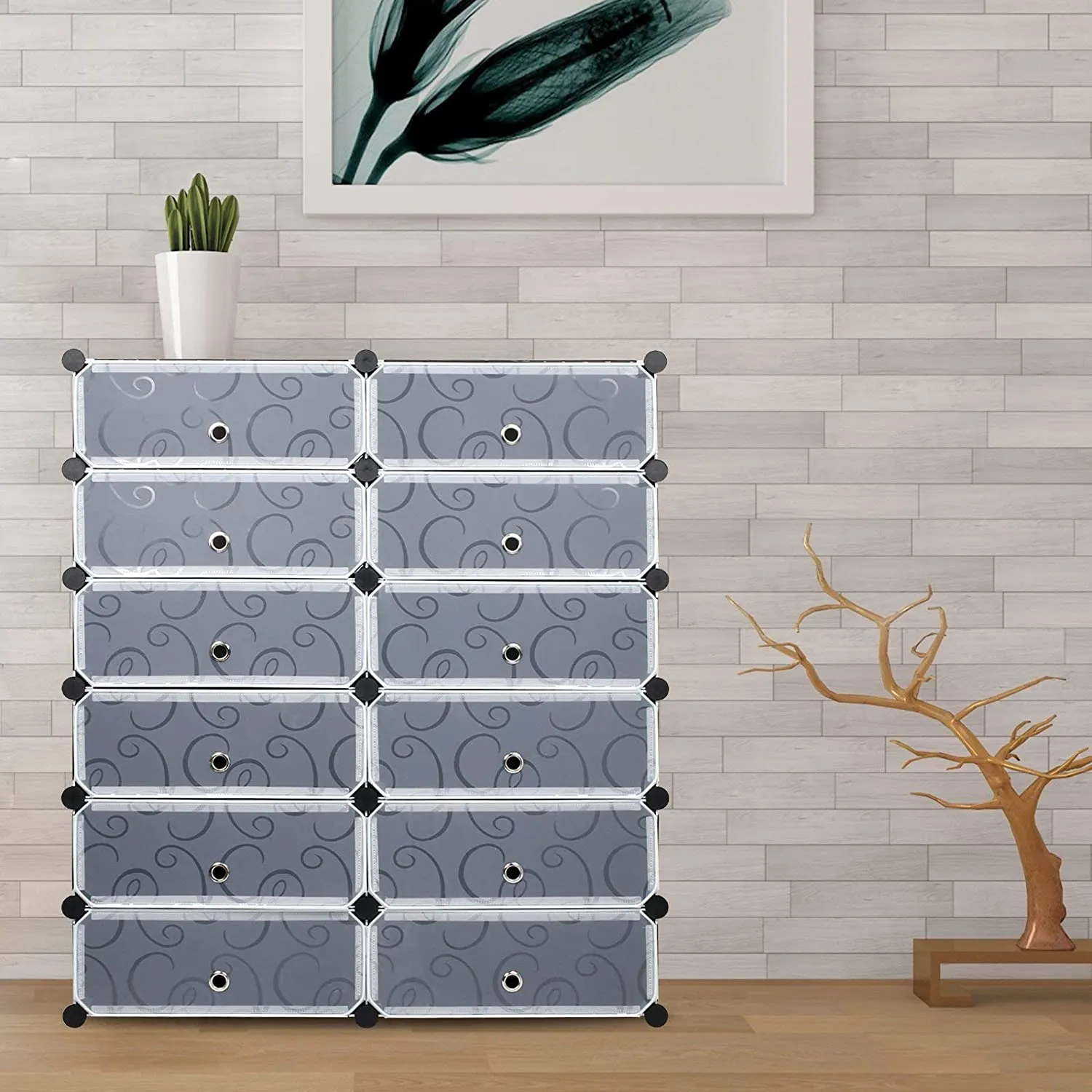 DIY Multi-functional PP Shoe Rack, 12 Cubes, Black / White Color