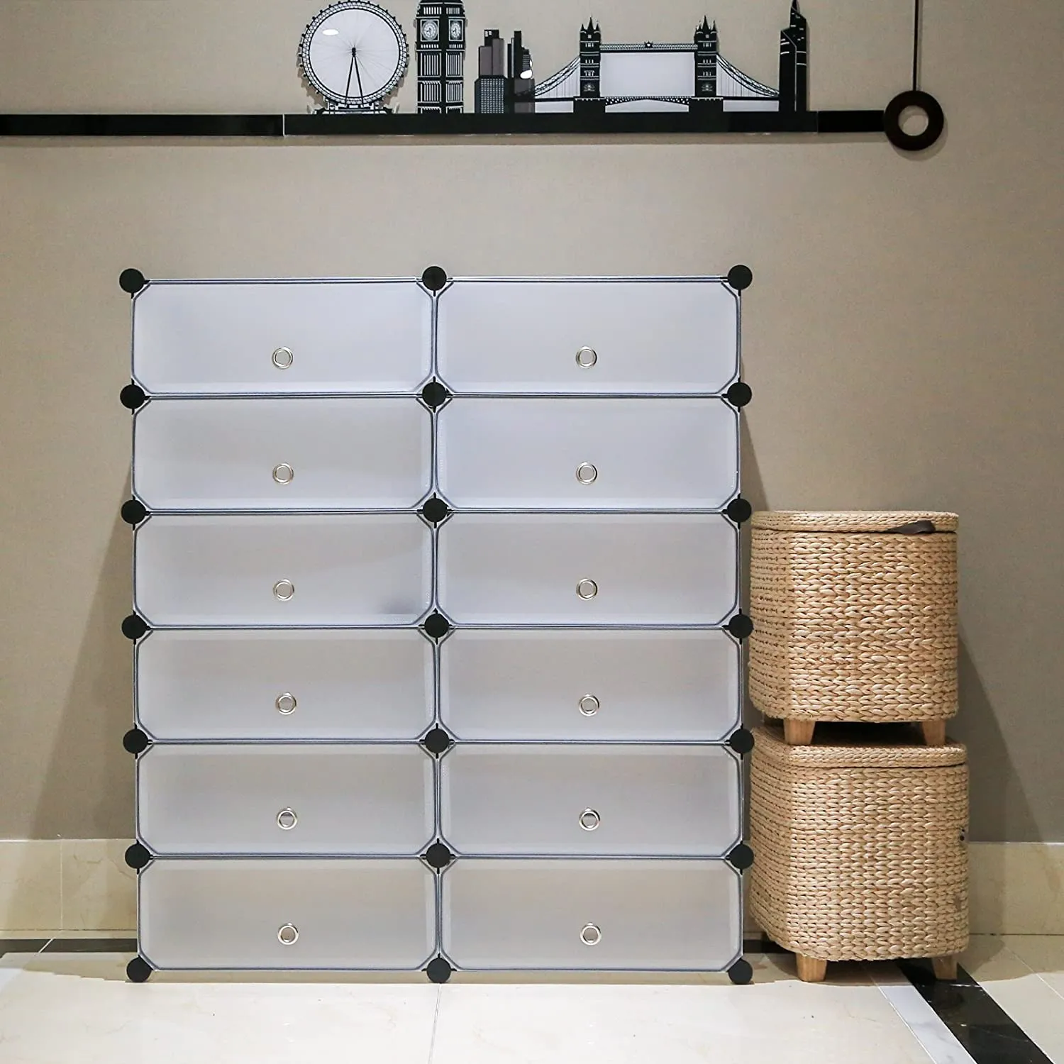 DIY Multi-functional PP Shoe Rack, 12 Cubes, Black / White Color