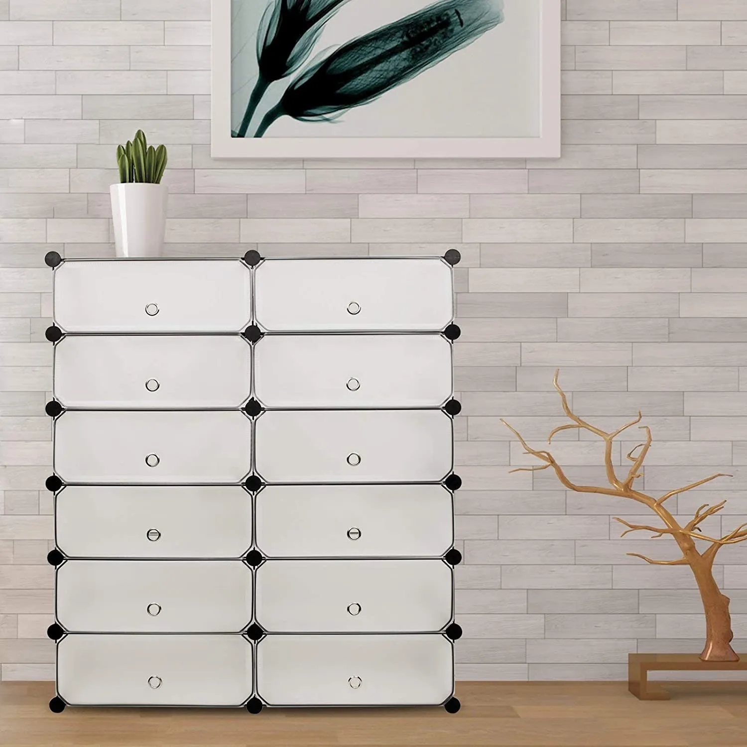 DIY Multi-functional PP Shoe Rack, 12 Cubes, Black / White Color