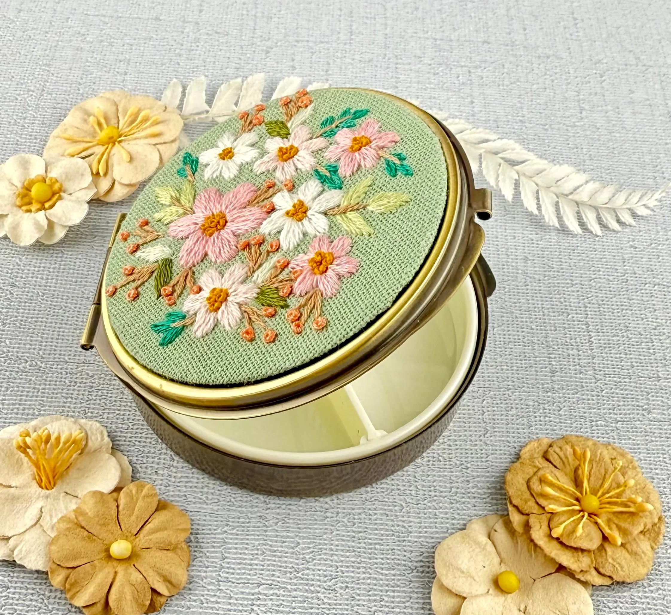 Embroidered Pill/Jewelry Container - Pastel Flowers