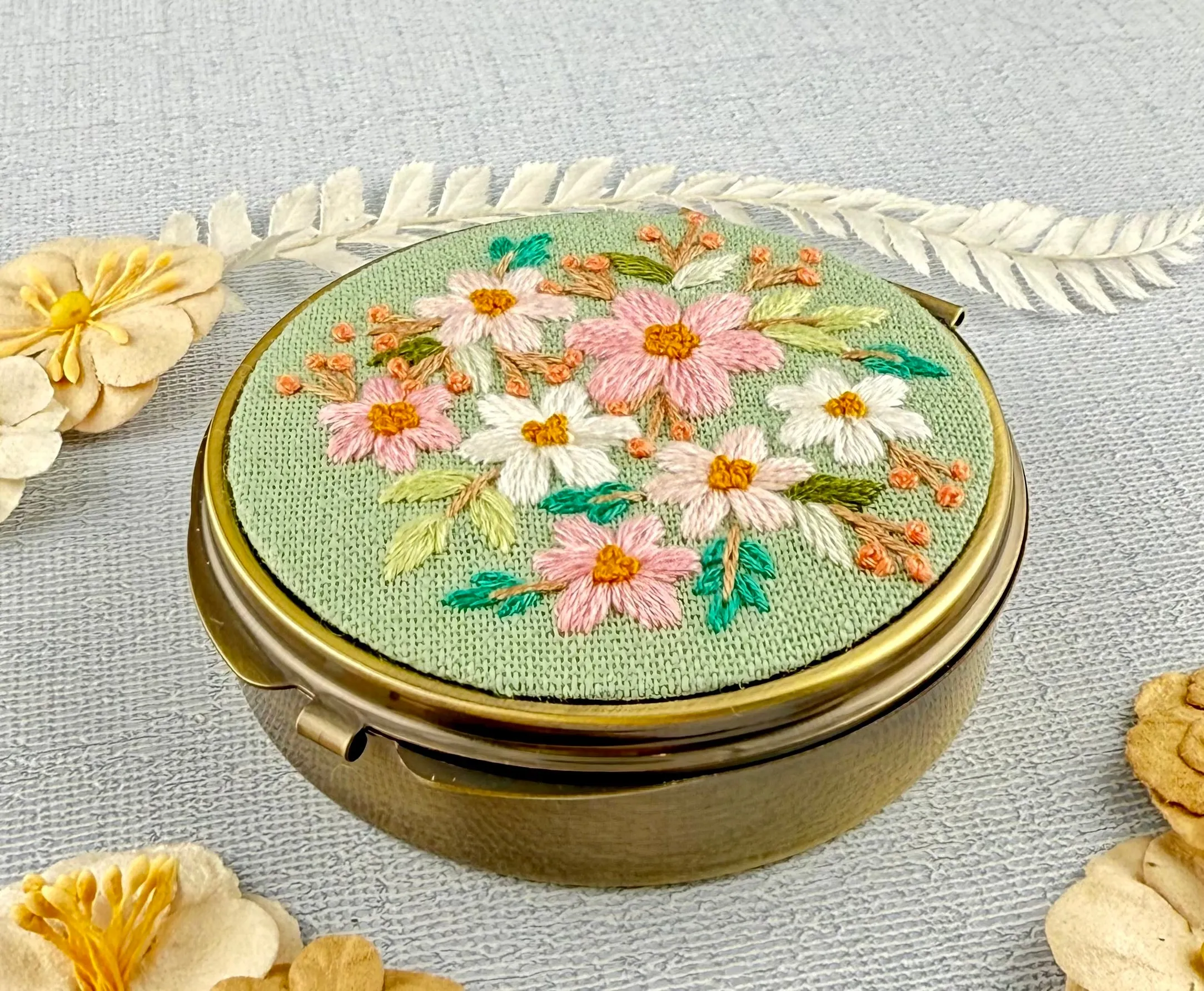 Embroidered Pill/Jewelry Container - Pastel Flowers