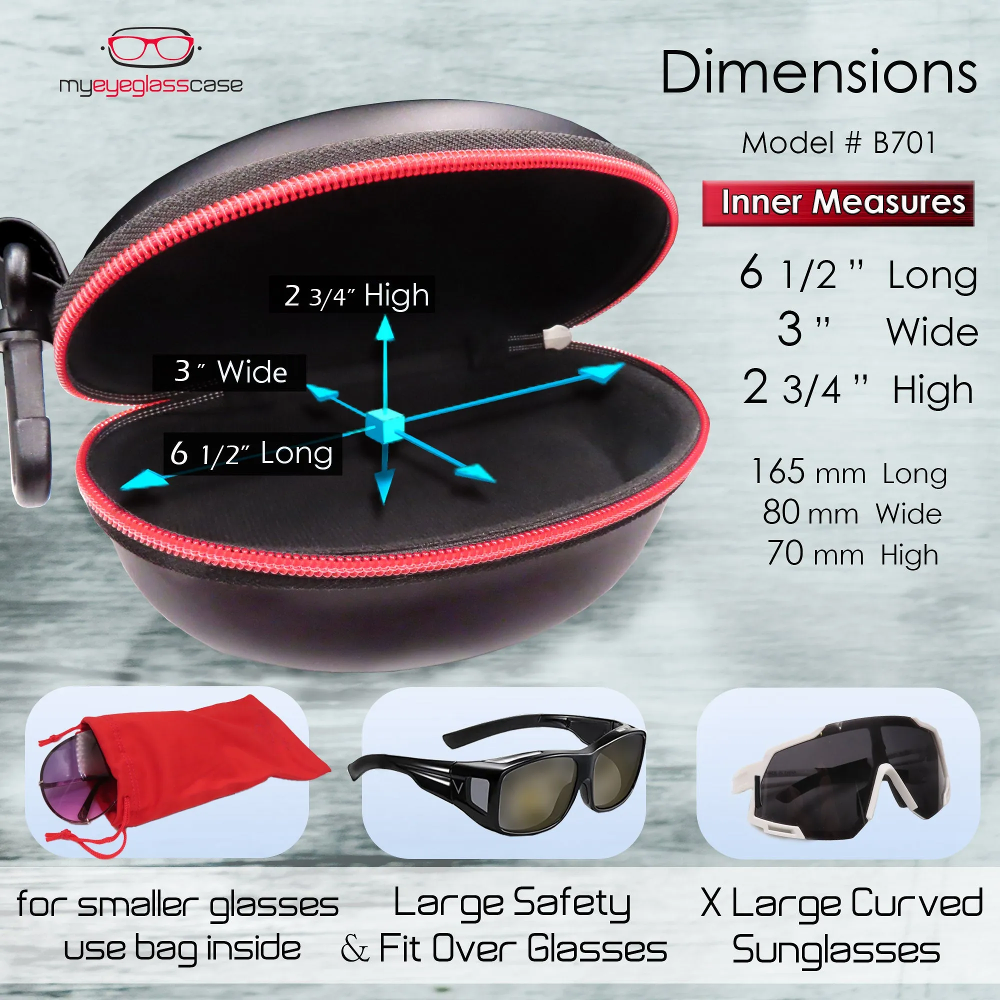 Extra Large Sunglasses case, EVA Zipper large Goggles - Semi Hard Glasses Case Compact & Lightweight with carabiner hook and cloth (B701 XL Blk & Red)