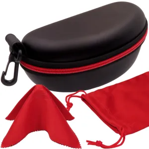 Extra Large Sunglasses case, EVA Zipper large Goggles - Semi Hard Glasses Case Compact & Lightweight with carabiner hook and cloth (B701 XL Blk & Red)