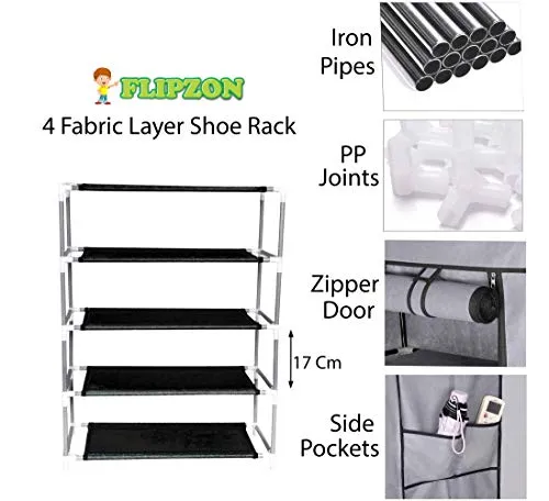 FLIPZON Multipurpose 4-Tiers Shoe Rack with Dustproof Zip Cover, Multiuse Wide Space Storage Rack made by Non Woven Fabric for footwear, Toys, clothes (4 Shelves) (Black), Plastic Non Woven