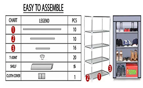 FLIPZON Multipurpose 4-Tiers Shoe Rack With Dustproof Zip Cover, Multiuse Wide Space Storage Rack Made By Non Woven Fabric For Footwear, Toys, Clothes (4 Shelves) (Grey)(Iron Pipes, Non Woven)