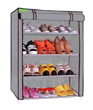 FLIPZON Multipurpose 4-Tiers Shoe Rack With Dustproof Zip Cover, Multiuse Wide Space Storage Rack Made By Non Woven Fabric For Footwear, Toys, Clothes (4 Shelves) (Grey)(Iron Pipes, Non Woven)