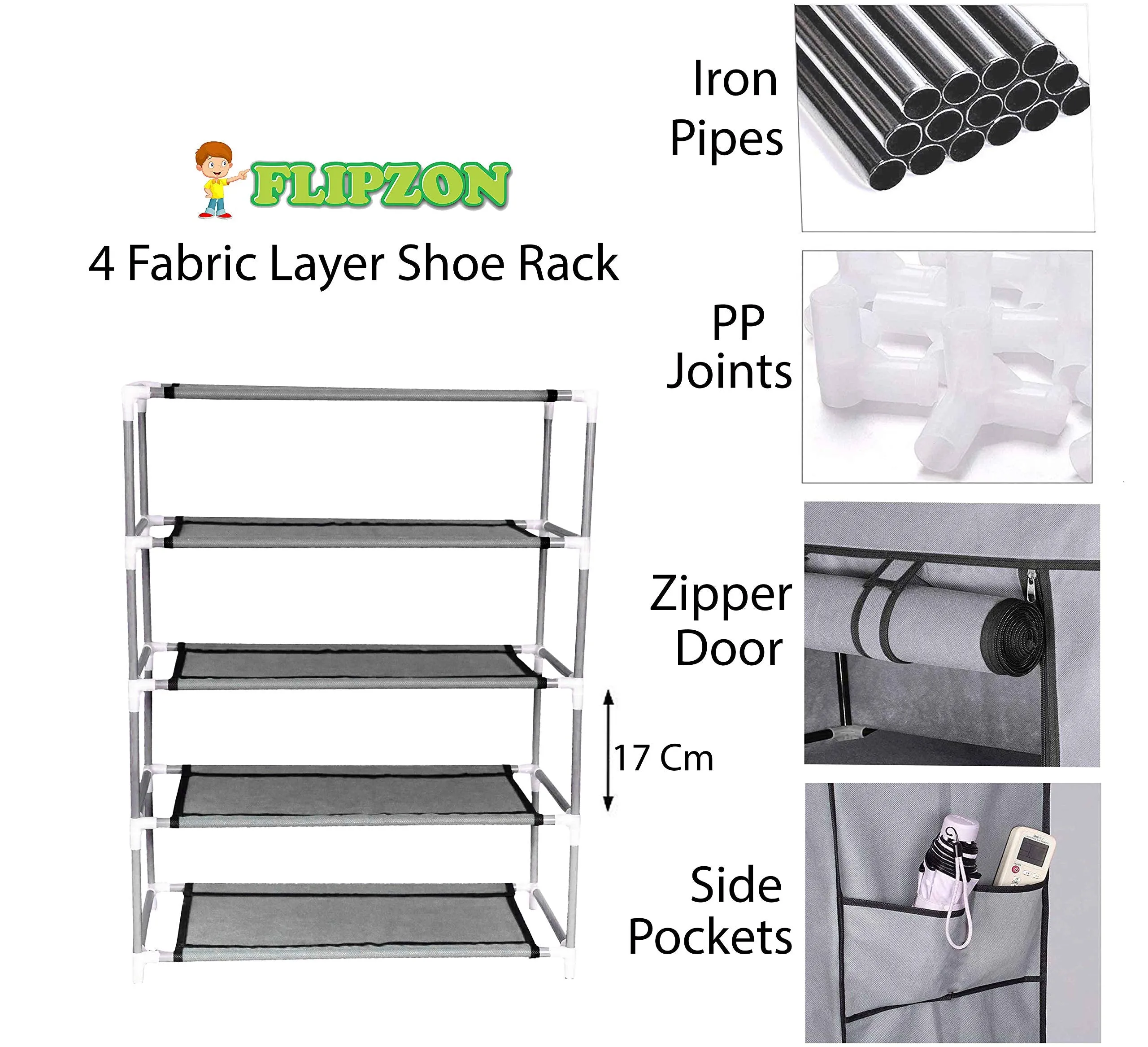 FLIPZON Multipurpose 4-Tiers Shoe Rack With Dustproof Zip Cover, Multiuse Wide Space Storage Rack Made By Non Woven Fabric For Footwear, Toys, Clothes (4 Shelves) (Grey)(Iron Pipes, Non Woven)