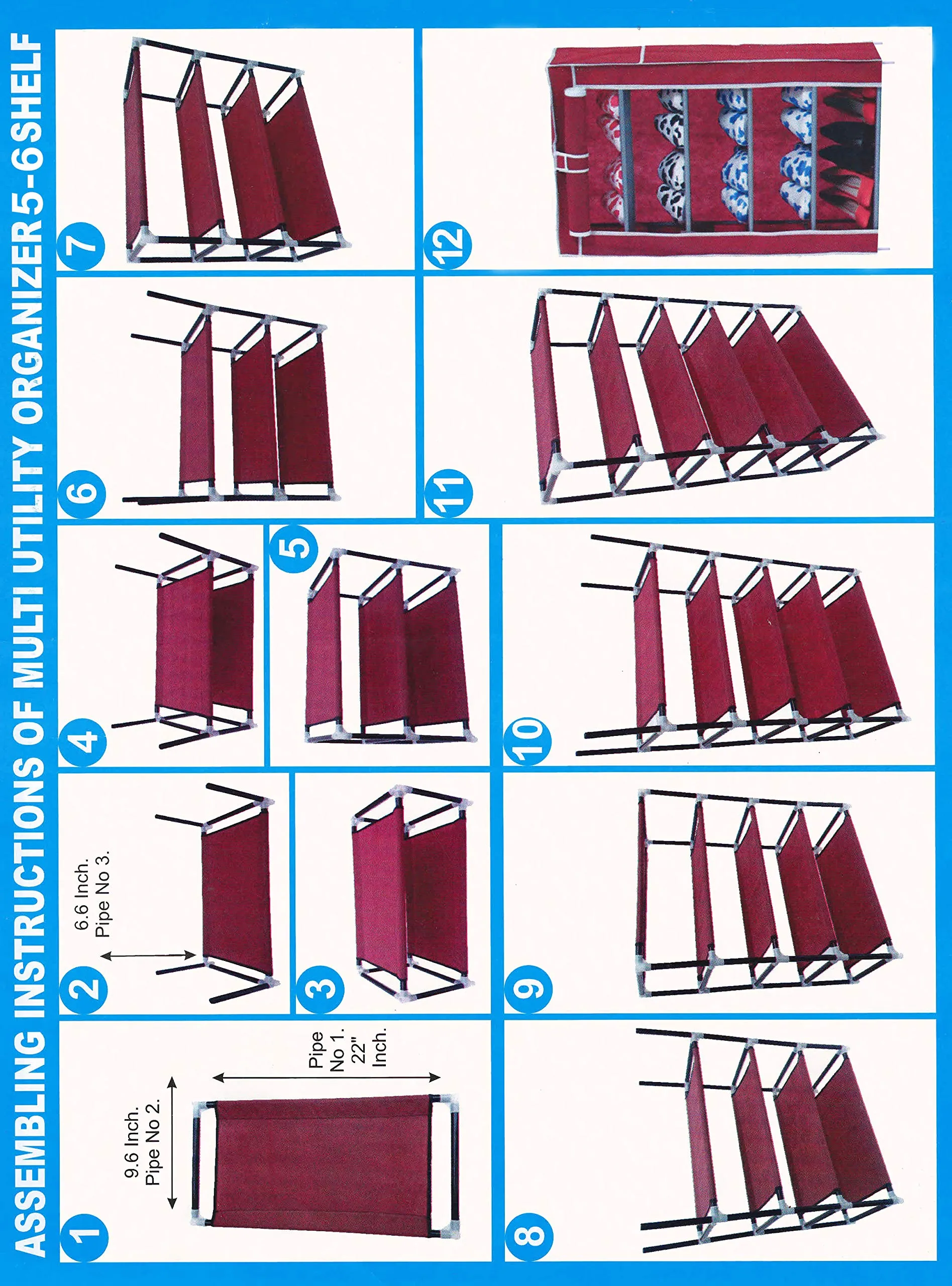 FLIPZON Multipurpose 5 Shelves Shoe Rack with Zip Door Cover & Side Pockets, Multiuse Wide Shelve Storage Rack for footwear, Toys, clothes with Dustproof Cover (5 Shelves) (Blue, Plastic, Metal)