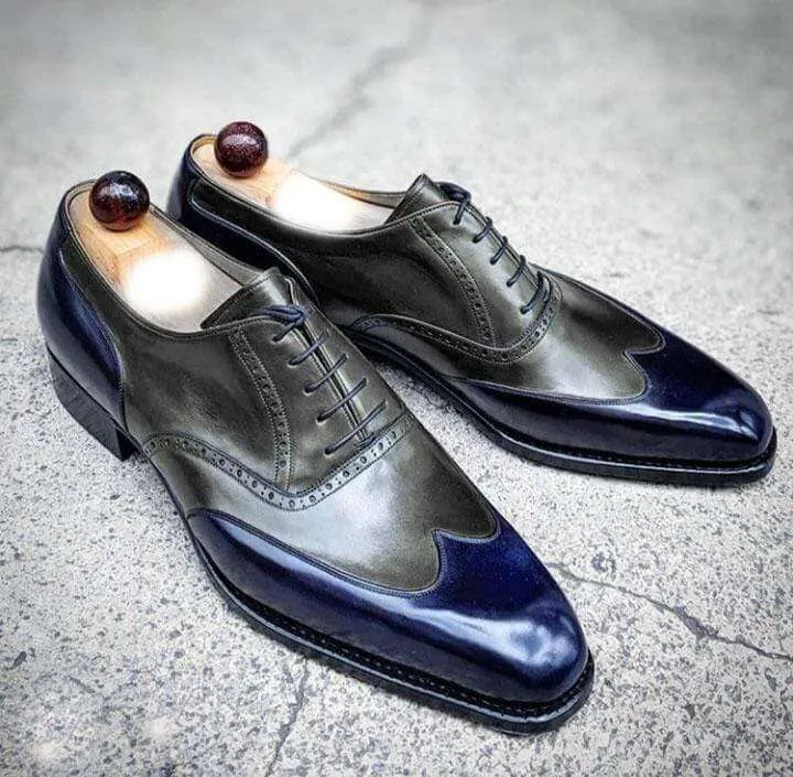 Handmade Men's Black Blue Leather Lace Up Wing Tip Shoe