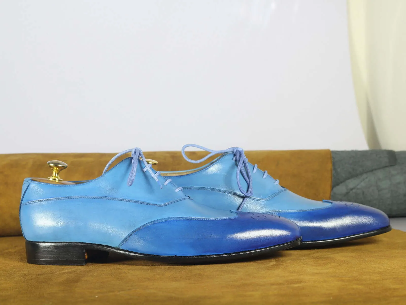 Handmade Men's Genuine Blue Leather Shoes, Wing Tip Dress Shoes