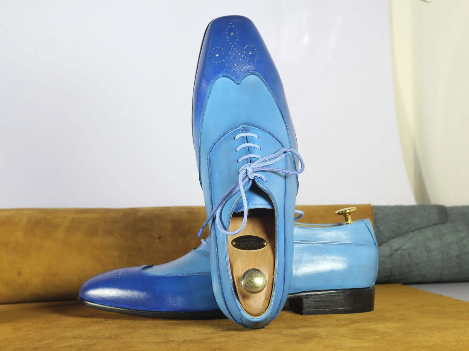 Handmade Men's Genuine Blue Leather Shoes, Wing Tip Dress Shoes