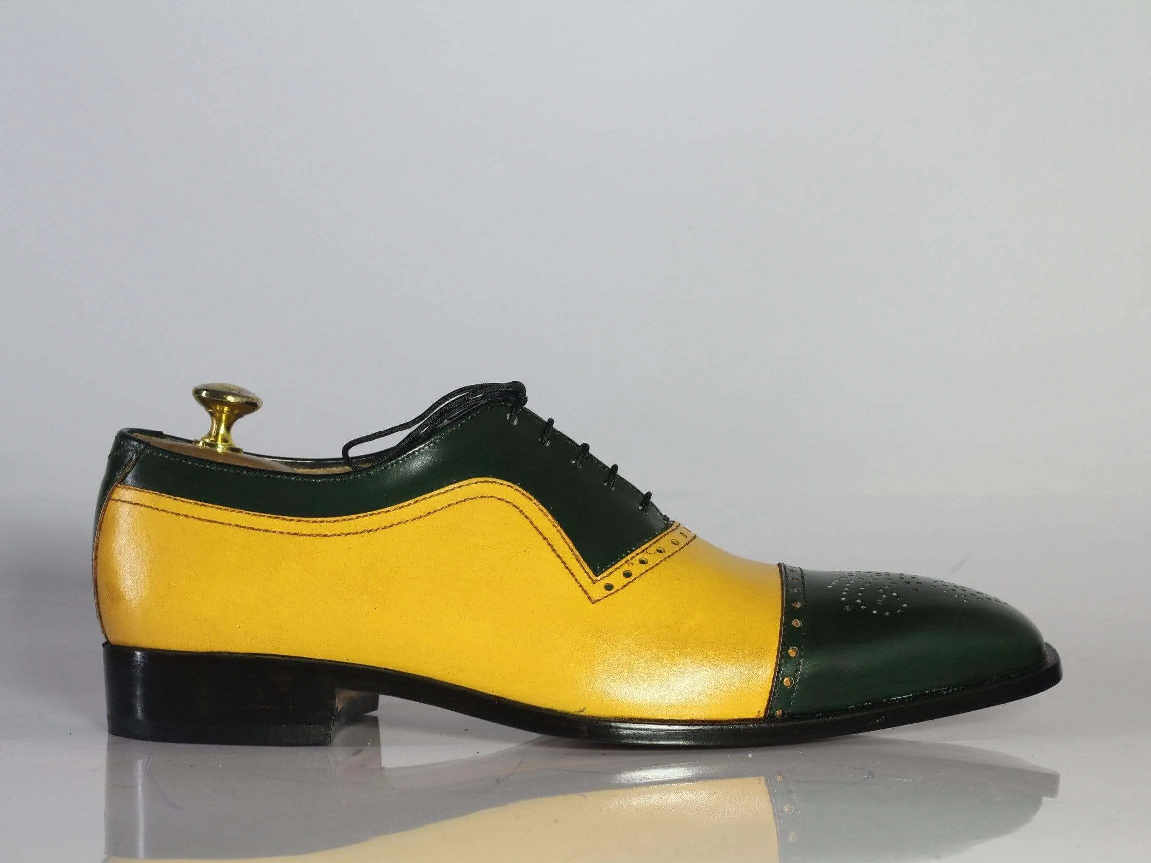 Handmade Men's Green Yellow Leather Cap Toe  Shoe