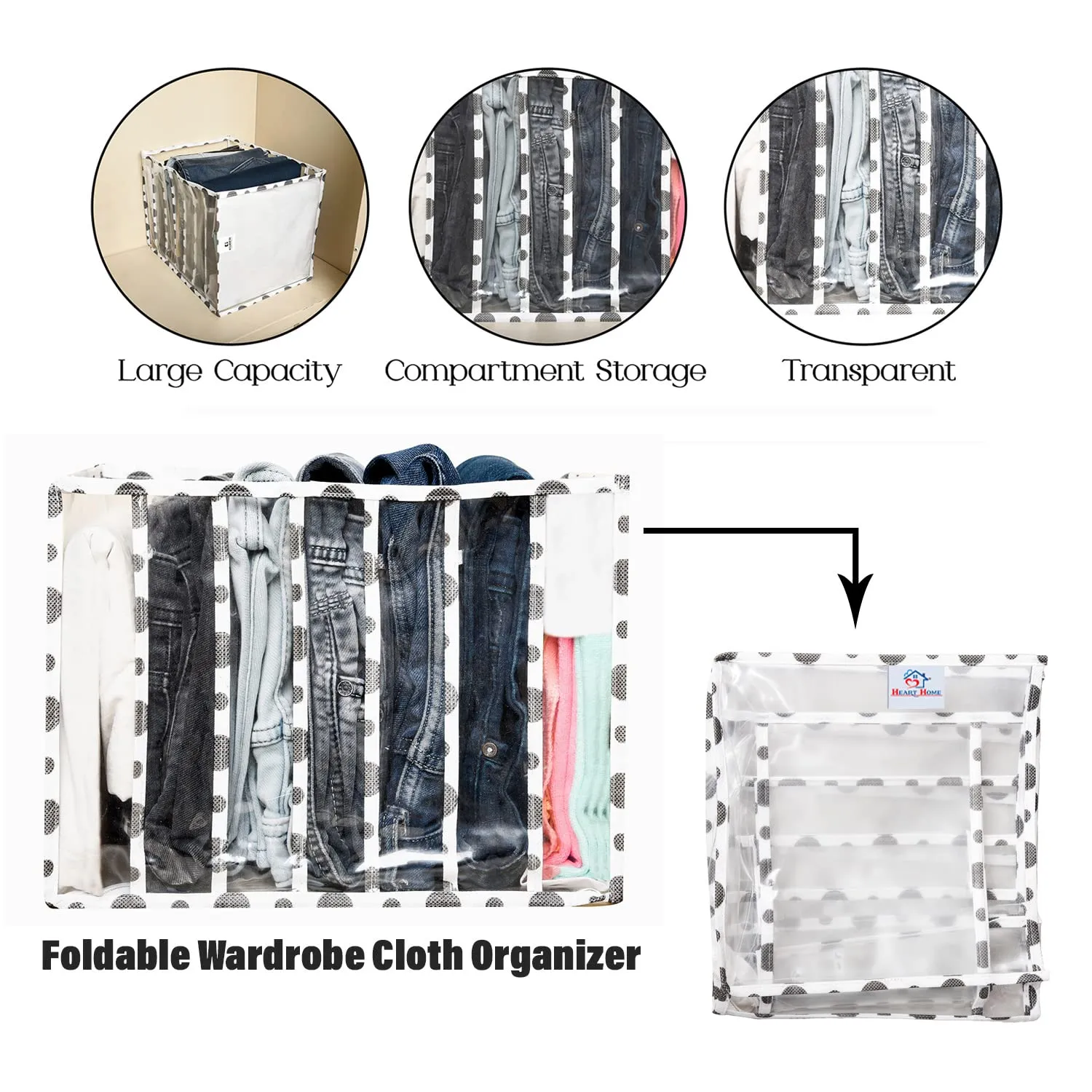 Heart Home Wardrobe Cloth Organizer | PVC .40mm Black Polka Dot Drawer Organizer | 7 Grids Foldable | Clear Transparent for T-shirts | Trousers | Socks | White