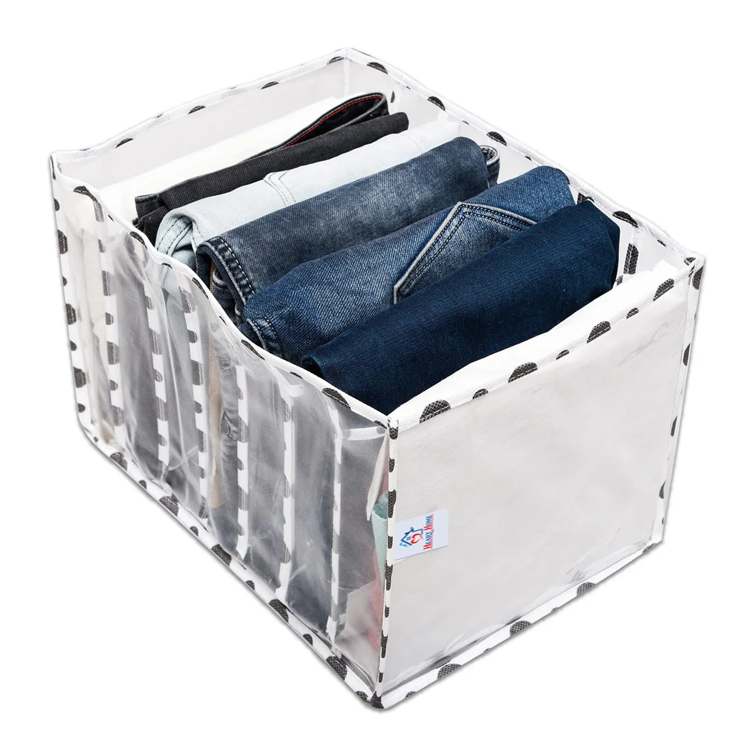 Heart Home Wardrobe Cloth Organizer | PVC .40mm Black Polka Dot Drawer Organizer | 7 Grids Foldable | Clear Transparent for T-shirts | Trousers | Socks | White