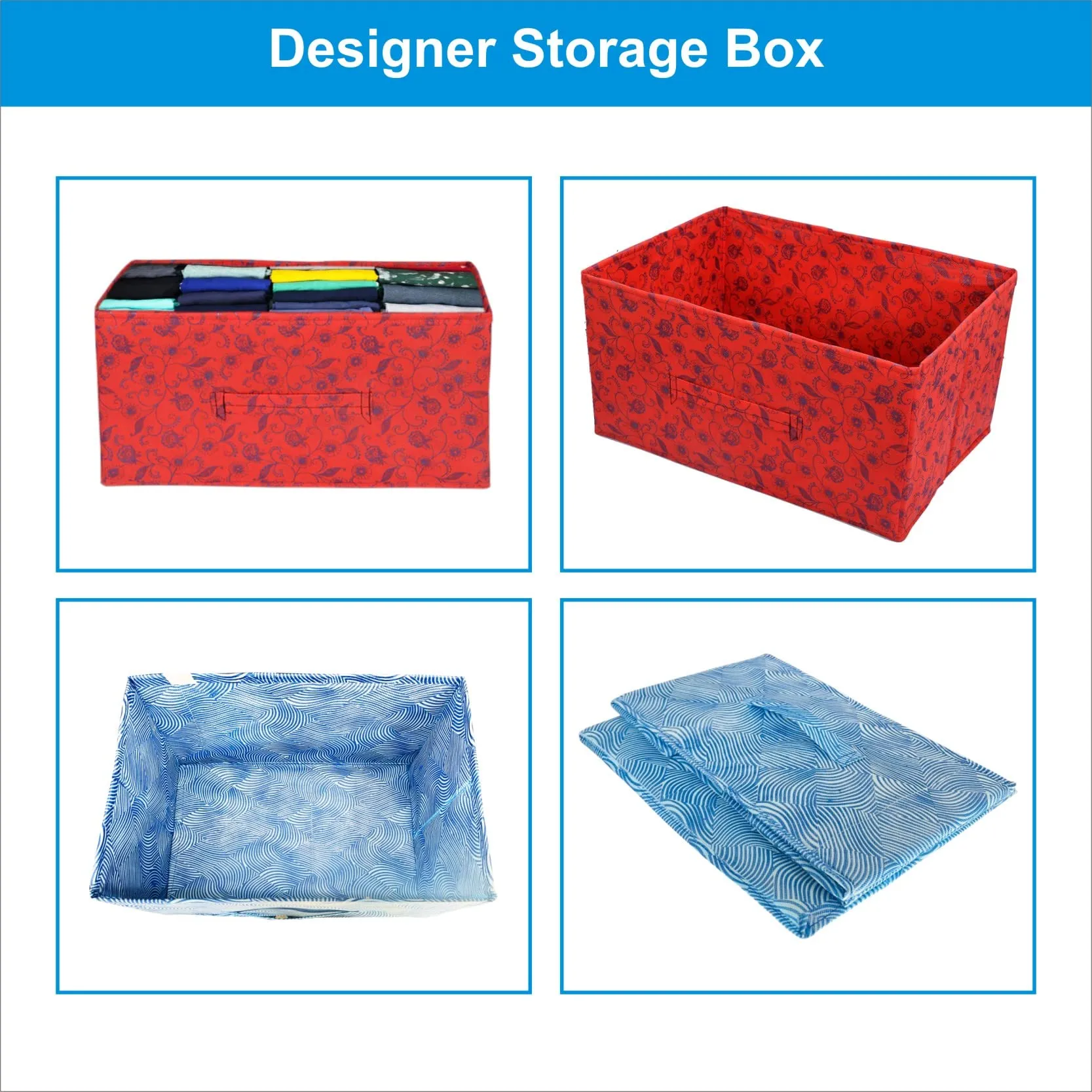 Homestic Pack of 4 Foldable Storage Box|Drawer Wardrobe Organizer for Clothes| Closet Organizer for clothes, Toys, Books|Sturdy built with Reinforced Handle|Basket Bins Container|Blue & Red|