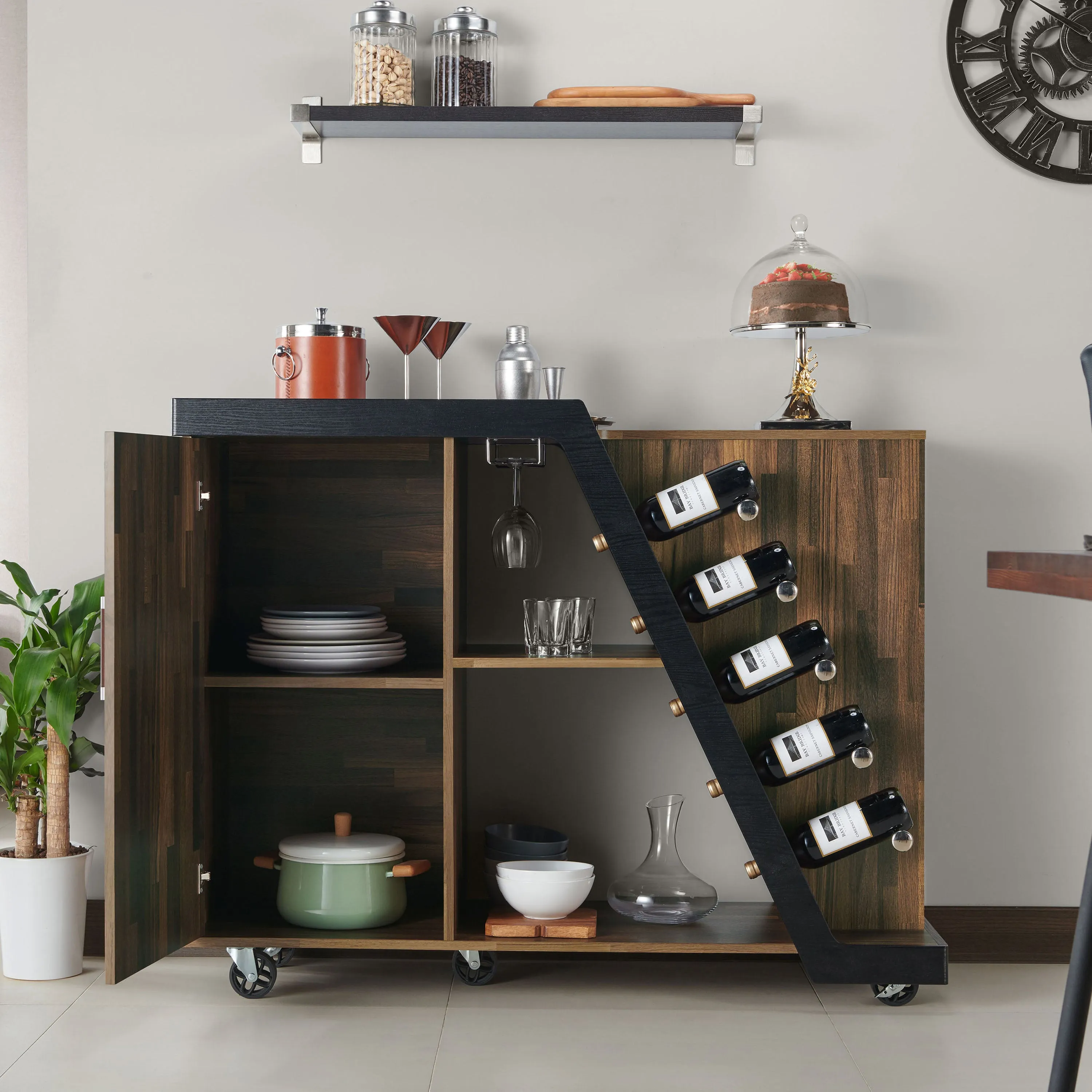 Howard Contemporary Light Hickory and Black Mobile 5-Bottle Home Bar