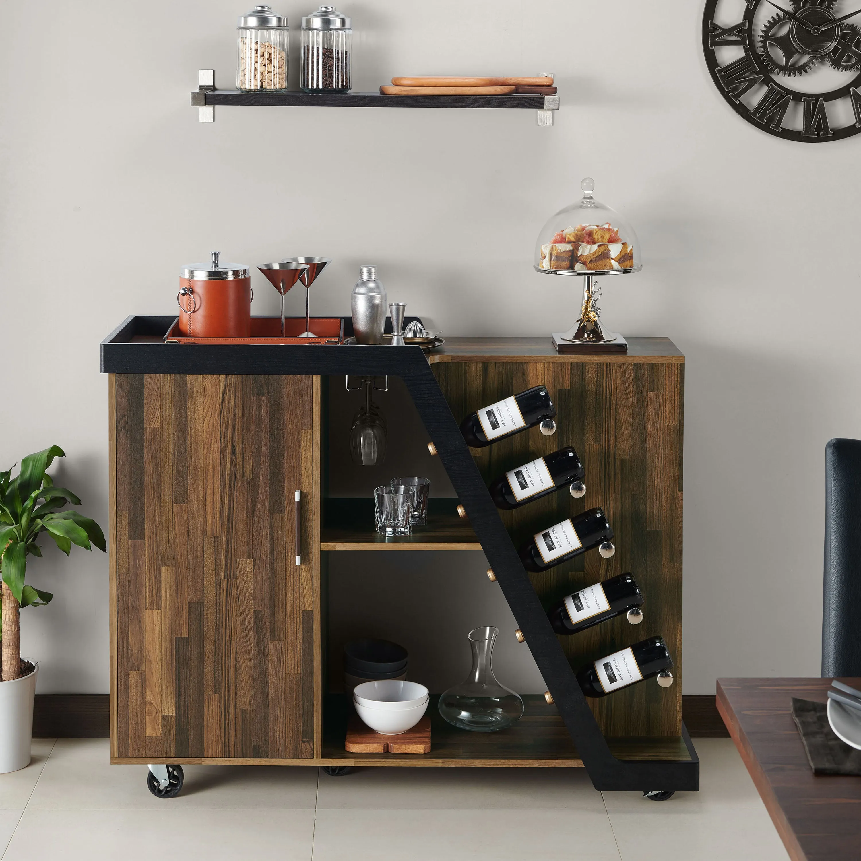 Howard Contemporary Light Hickory and Black Mobile 5-Bottle Home Bar