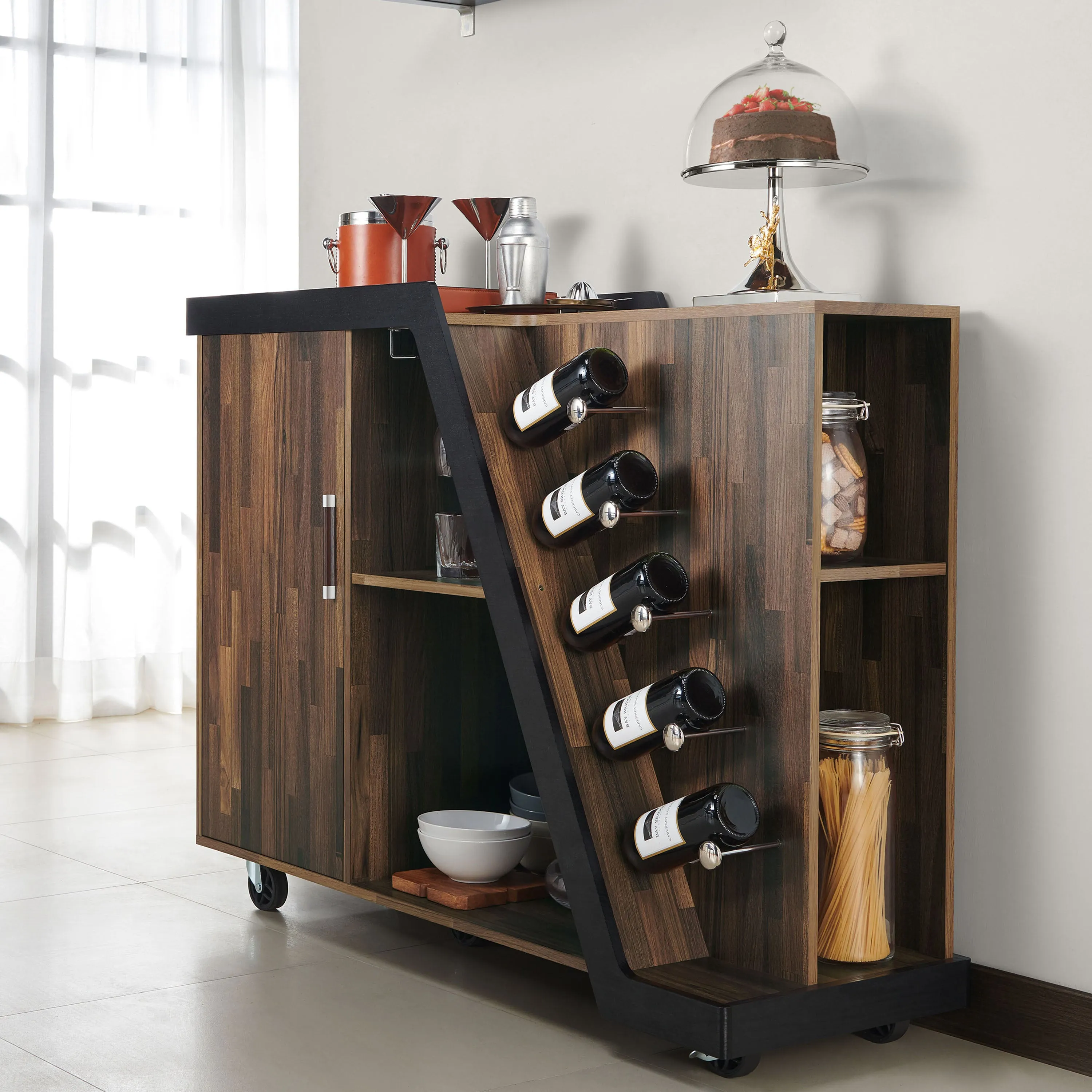 Howard Contemporary Light Hickory and Black Mobile 5-Bottle Home Bar