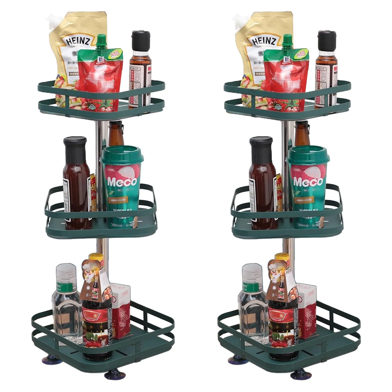 Kuber Industries 3-Layer Rotating Spice Rack|Square Shelf For Cabinet Countertop|360-Degree Rotable Kitchen Trolley|Fruit Basket Pack of 2 (Dark Green)