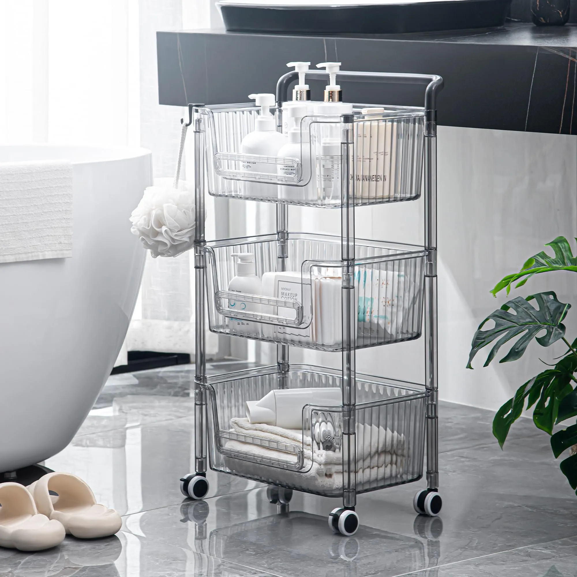 Kuber Industries Pack of 2 Multipurpose Trolley Storage Organiser | 3 Layer Shelf | Trolley with Wheels for Kitchen Accessories | Large Capacity, Easy installation, Space Saving | 2123 | Transparent