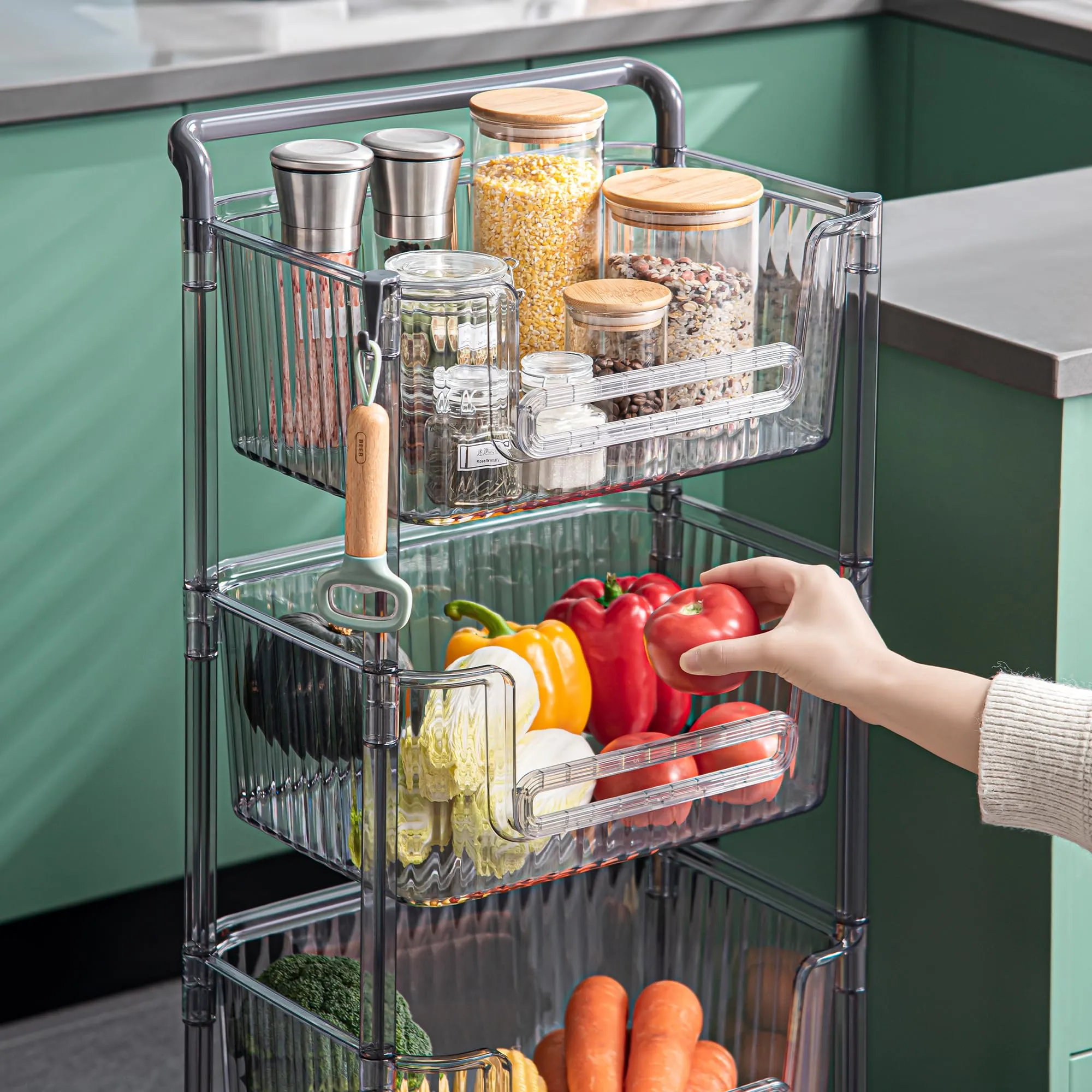 Kuber Industries Pack of 2 Multipurpose Trolley Storage Organiser | 3 Layer Shelf | Trolley with Wheels for Kitchen Accessories | Large Capacity, Easy installation, Space Saving | 2123 | Transparent