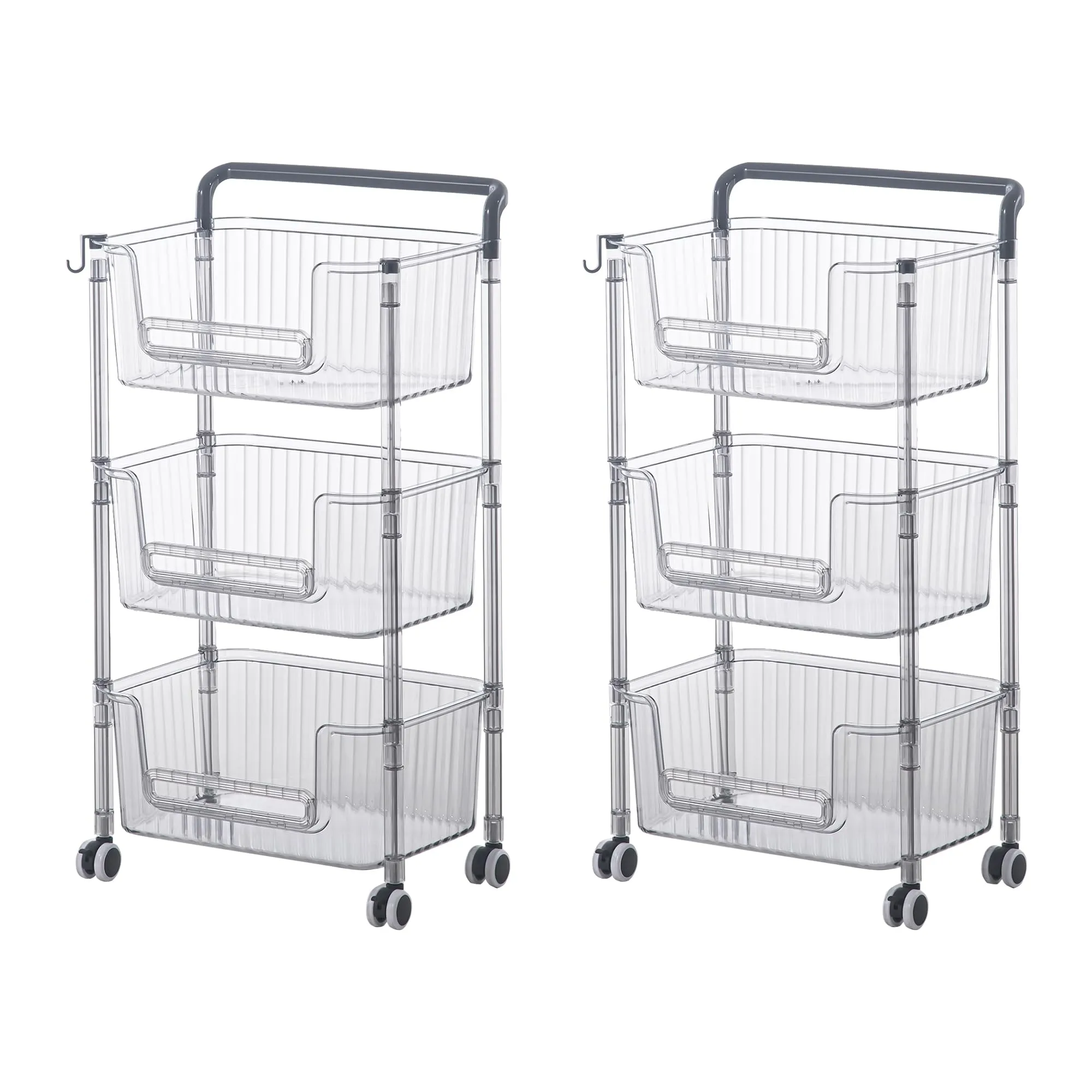 Kuber Industries Pack of 2 Multipurpose Trolley Storage Organiser | 3 Layer Shelf | Trolley with Wheels for Kitchen Accessories | Large Capacity, Easy installation, Space Saving | 2123 | Transparent