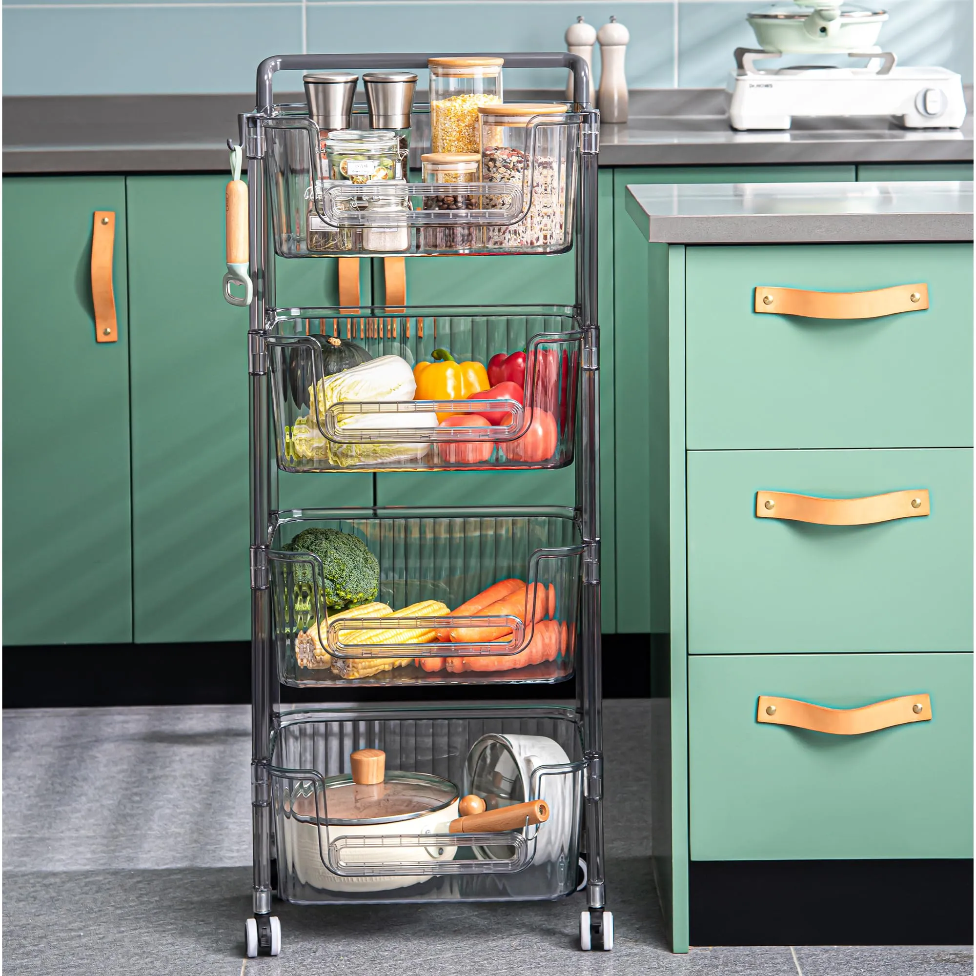 Kuber Industries Pack of 2 Multipurpose Trolley Storage Organiser | 3 Layer Shelf | Trolley with Wheels for Kitchen Accessories | Large Capacity, Easy installation, Space Saving | 2123 | Transparent