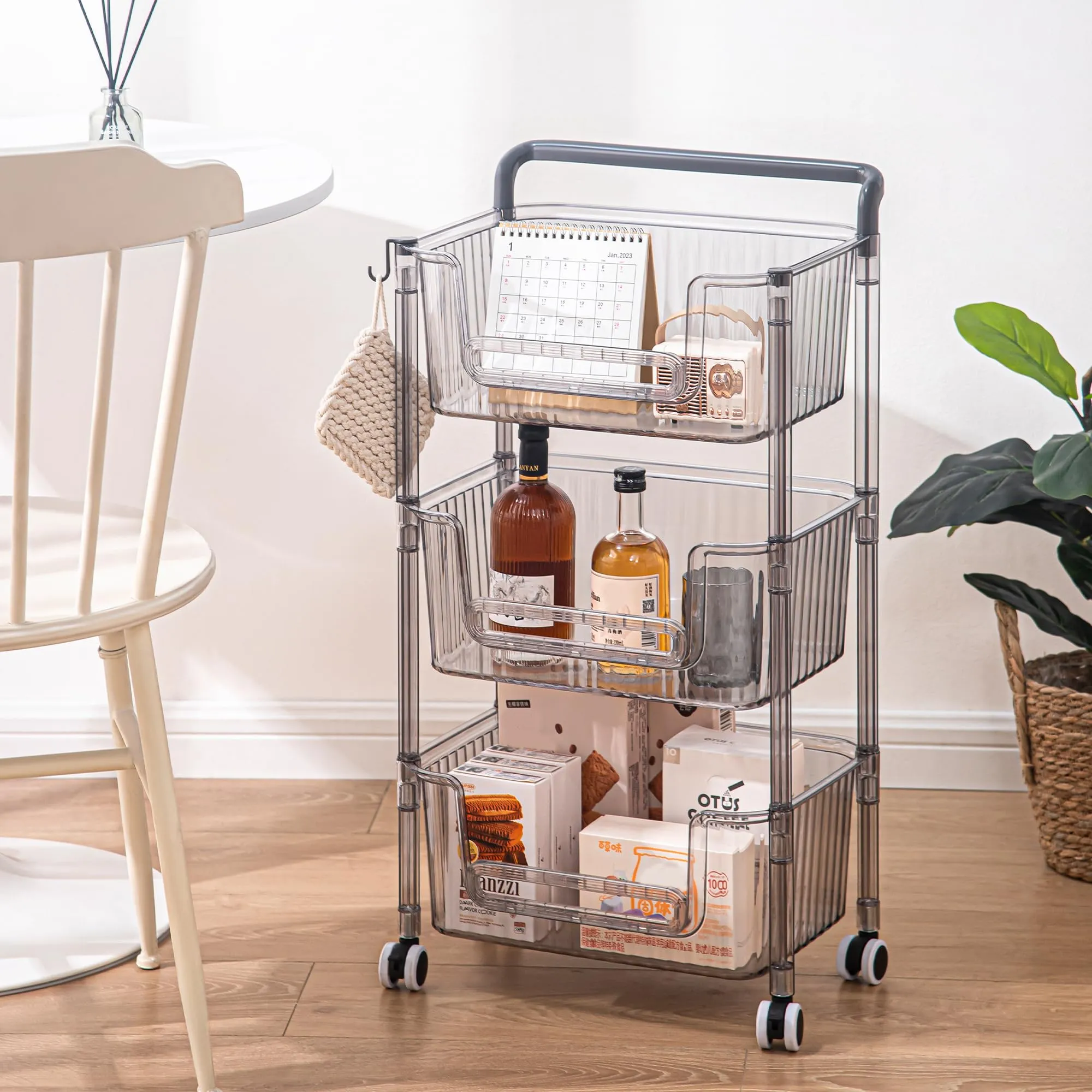 Kuber Industries Pack of 2 Multipurpose Trolley Storage Organiser | 3 Layer Shelf | Trolley with Wheels for Kitchen Accessories | Large Capacity, Easy installation, Space Saving | 2123 | Transparent