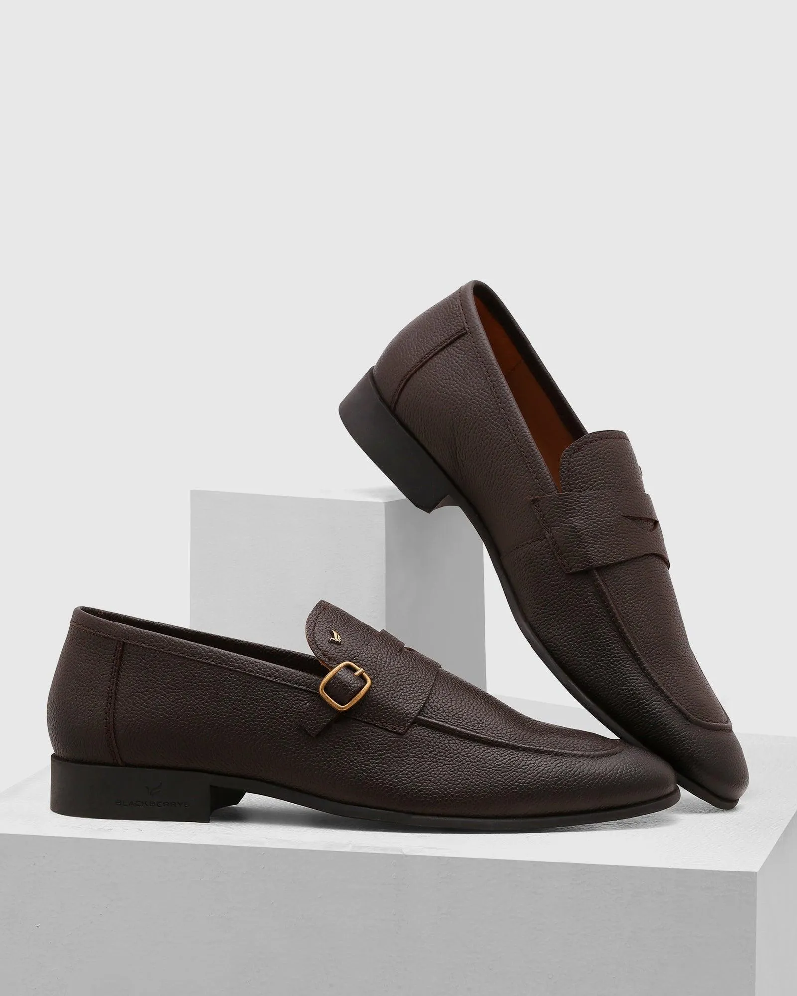 Leather Brown Textured Slip On Shoes - Qatar