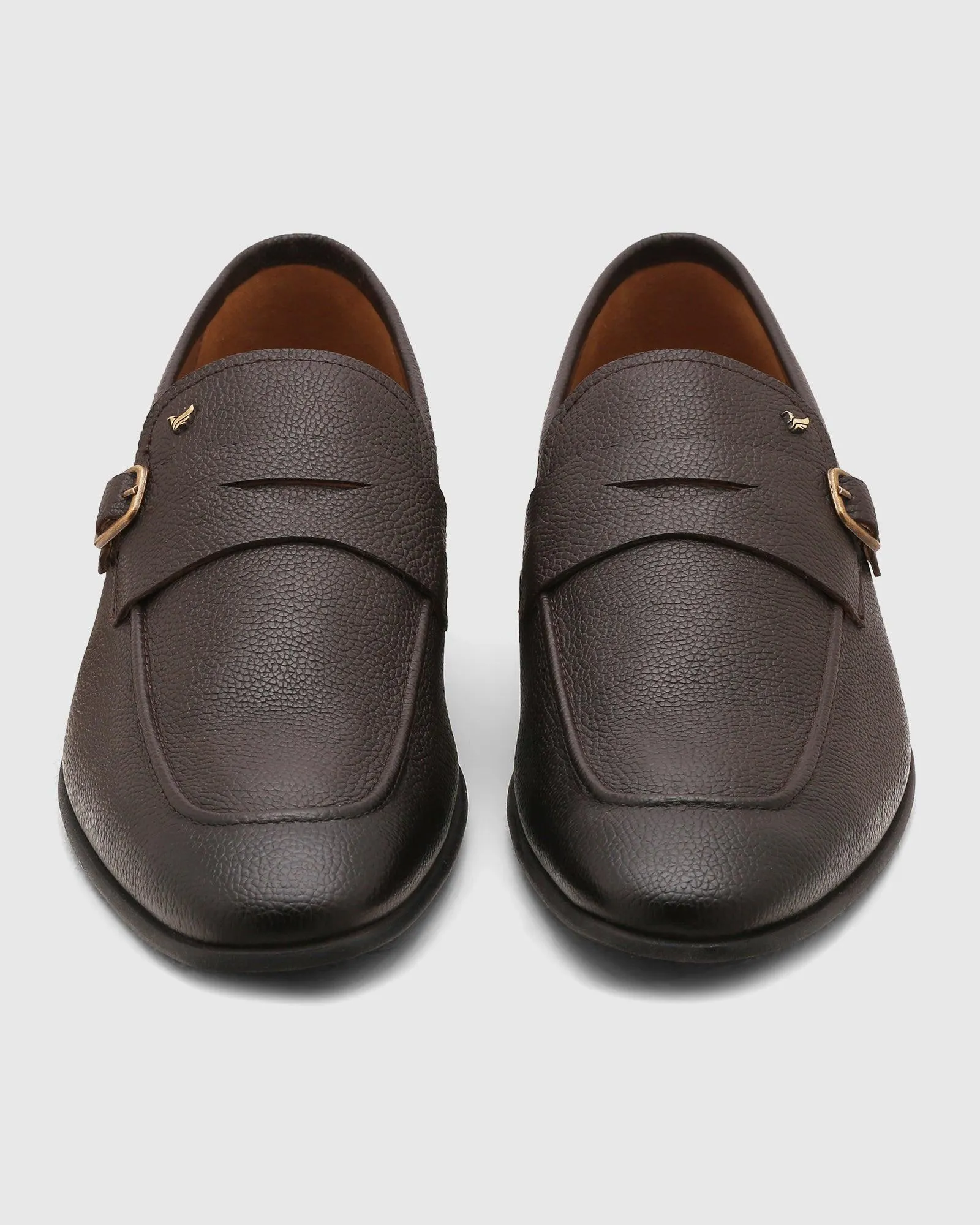 Leather Brown Textured Slip On Shoes - Qatar