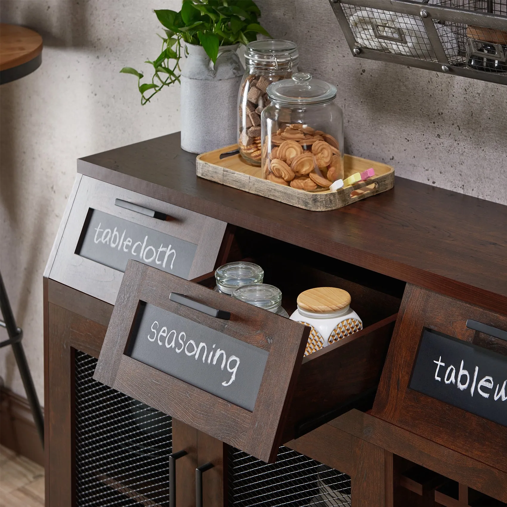 Masika Brown Buffet with Chalkboard Panel Drawers & Wire Mesh Cabinets