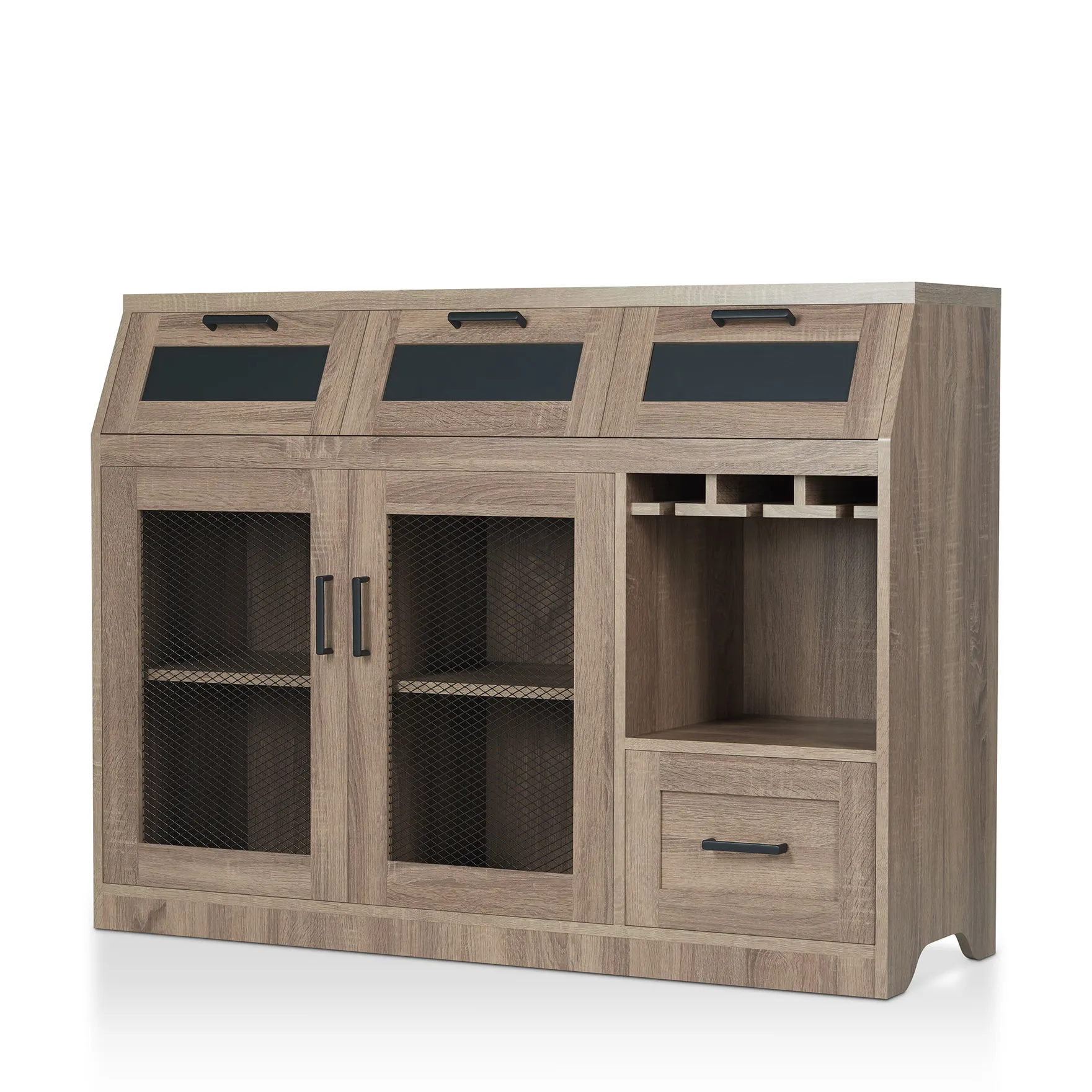 Masika Brown Buffet with Chalkboard Panel Drawers & Wire Mesh Cabinets