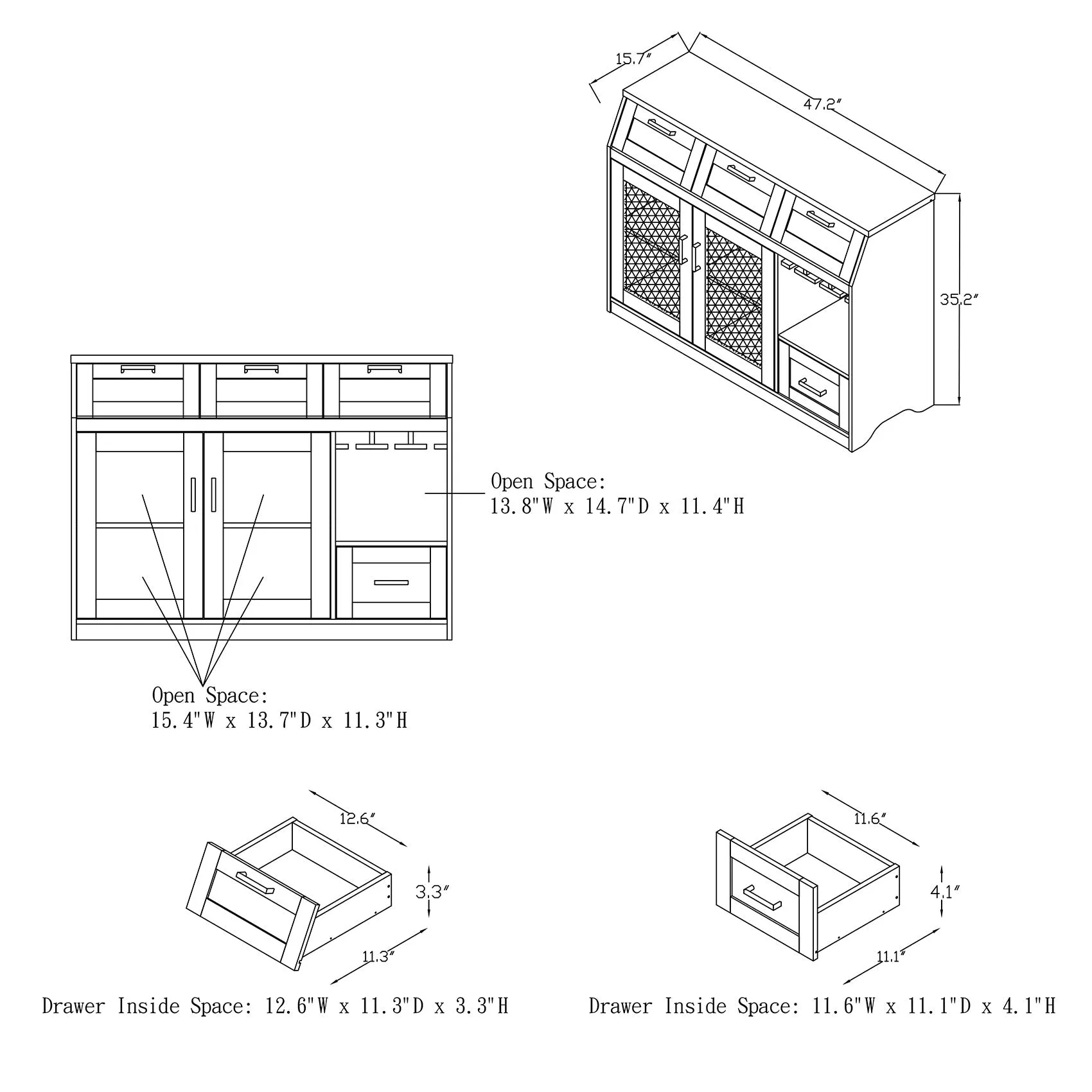 Masika Brown Buffet with Chalkboard Panel Drawers & Wire Mesh Cabinets