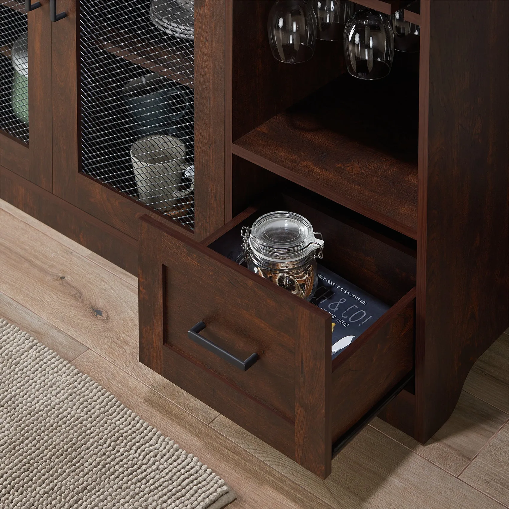 Masika Brown Buffet with Chalkboard Panel Drawers & Wire Mesh Cabinets