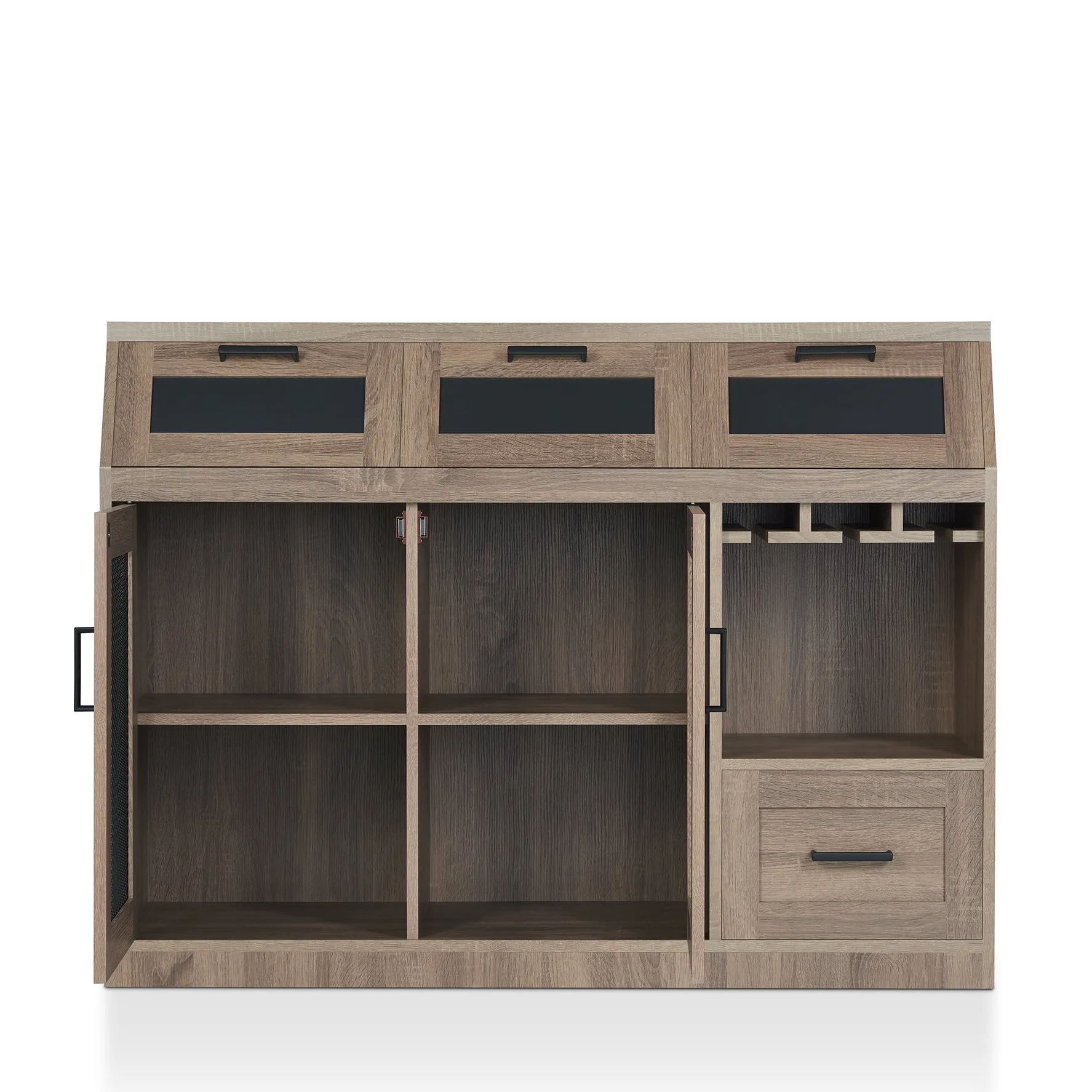 Masika Brown Buffet with Chalkboard Panel Drawers & Wire Mesh Cabinets