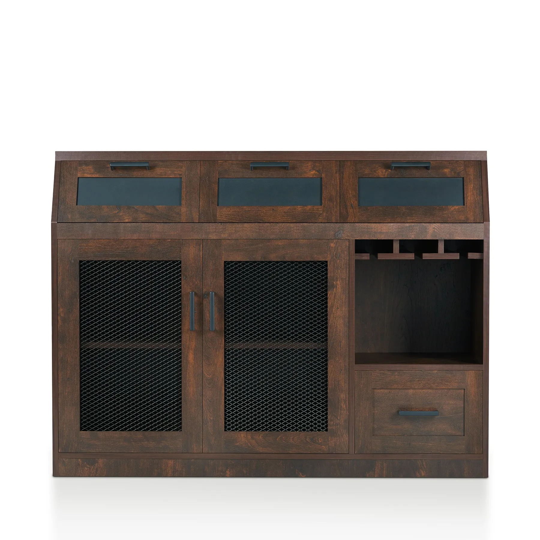 Masika Brown Buffet with Chalkboard Panel Drawers & Wire Mesh Cabinets