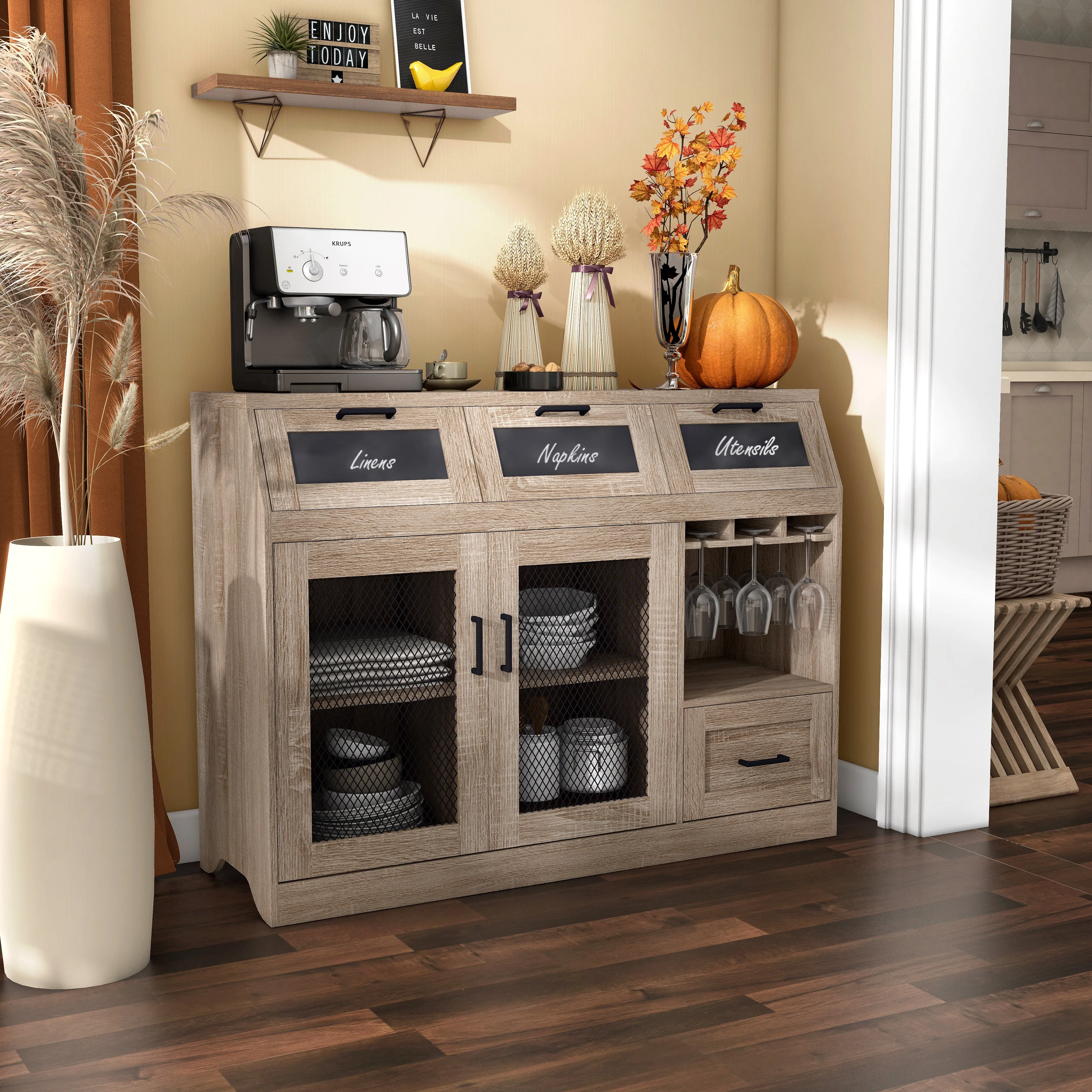 Masika Brown Buffet with Chalkboard Panel Drawers & Wire Mesh Cabinets