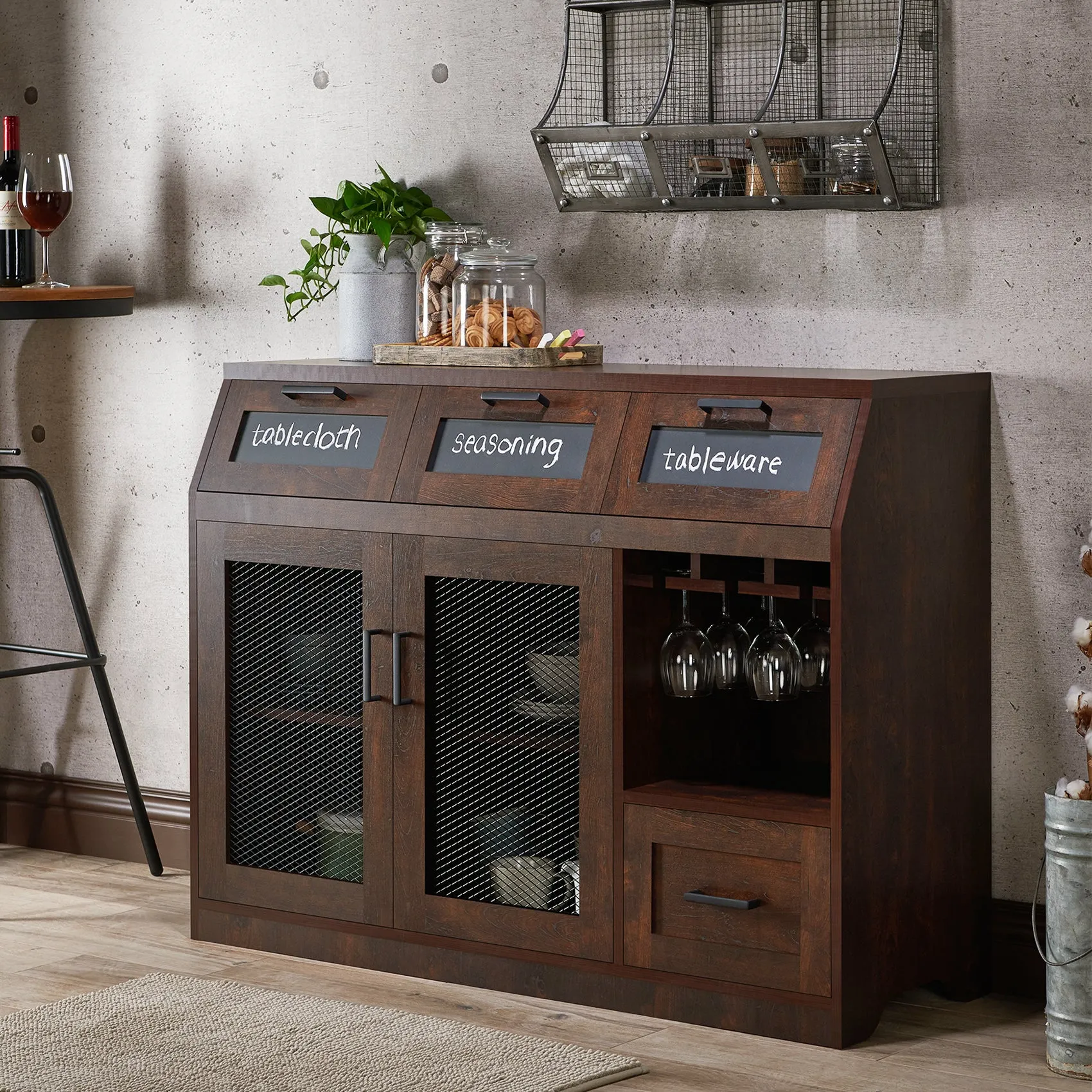 Masika Brown Buffet with Chalkboard Panel Drawers & Wire Mesh Cabinets