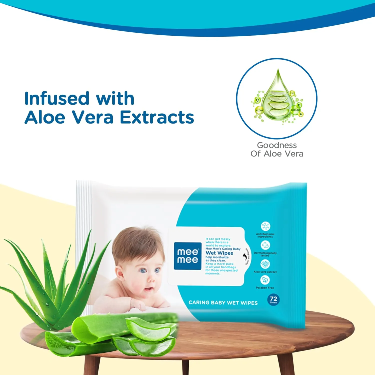 Mee Mee Soft Gentle Cleansing Baby Wipes with Aloe Vera and Vitamin E | Sulphate Free Wet Wipes | 72 Wipes, Pack of 5 | Without Lid