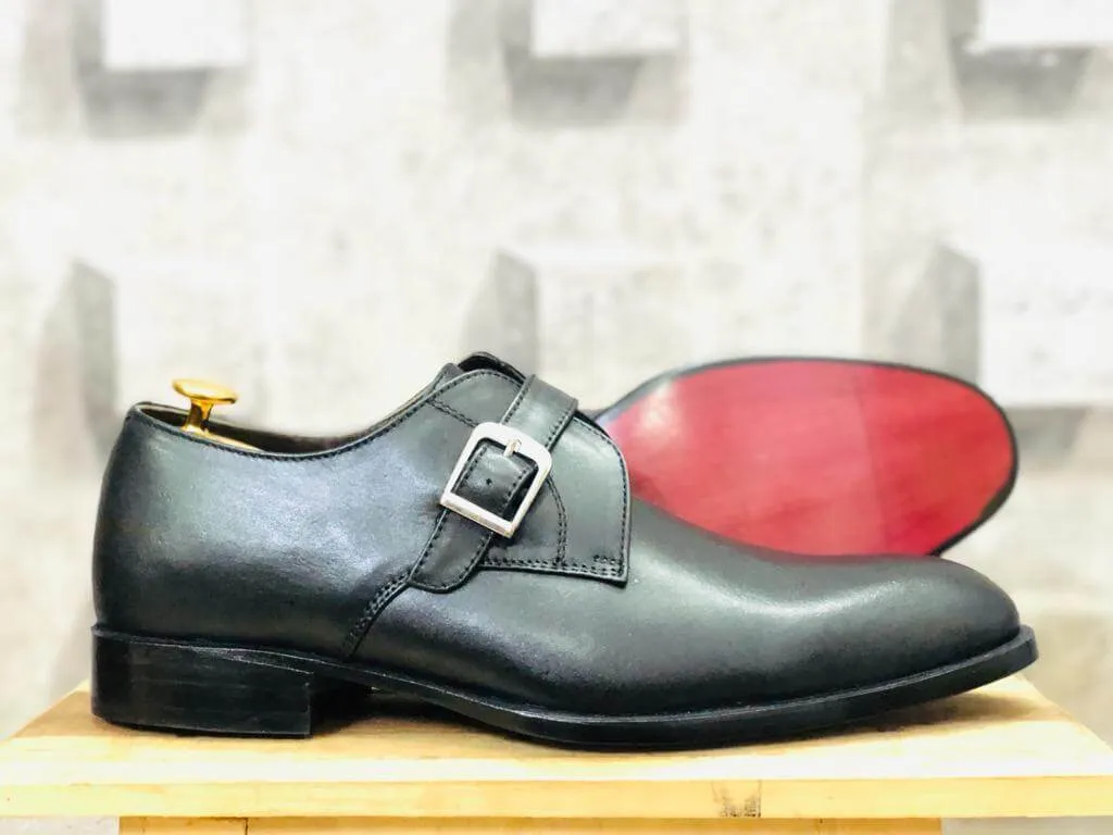 Men's Black Monk Buckle Leather Shoes